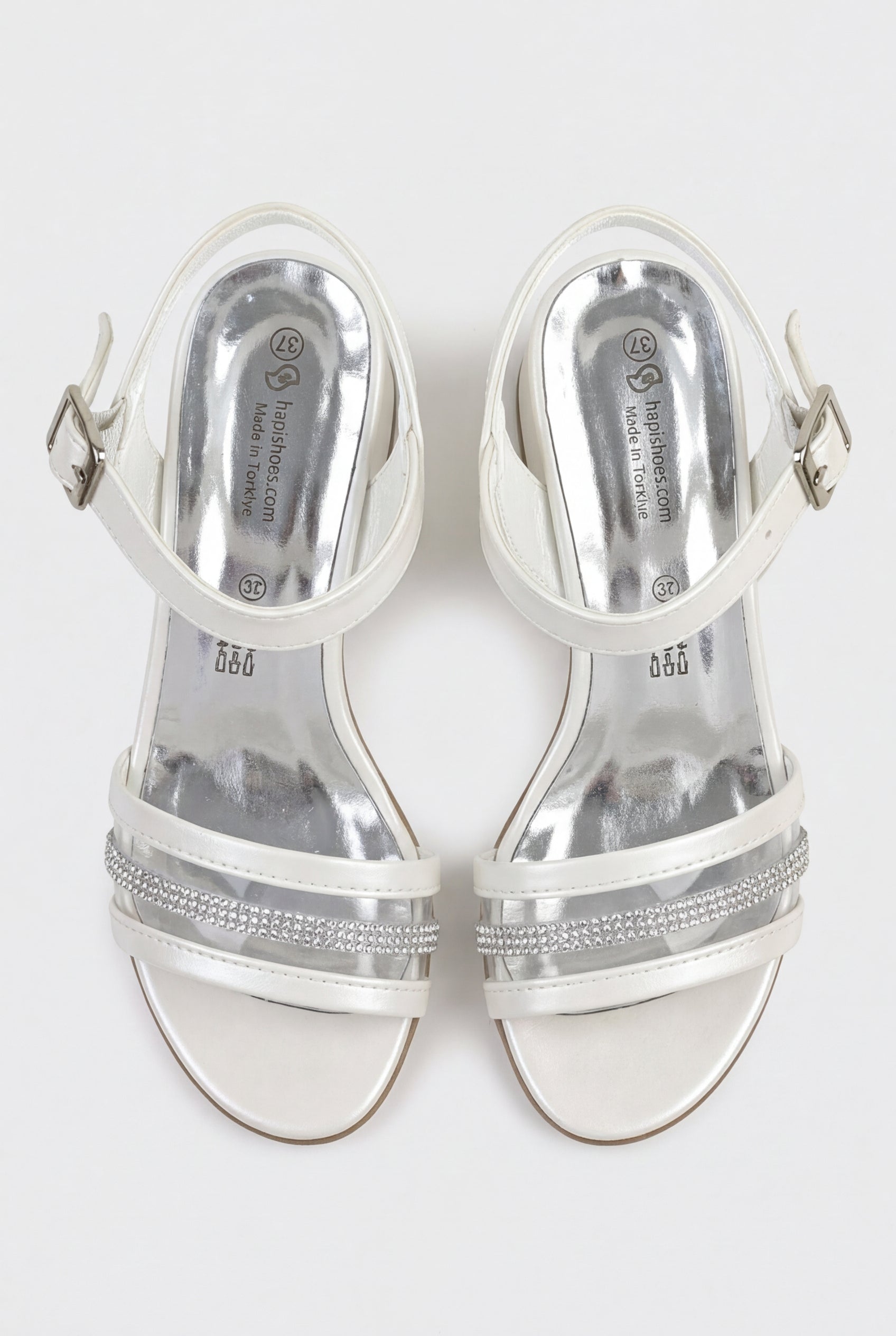 Girls Strappy Heel Sandal Shoes with Rhinestone Trim - Pearl White Front Picture