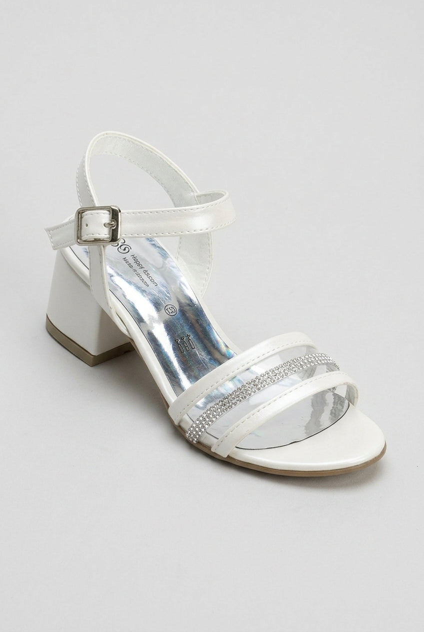 Girls Strappy Heel Sandal Shoes with Rhinestone Trim - Pearl White