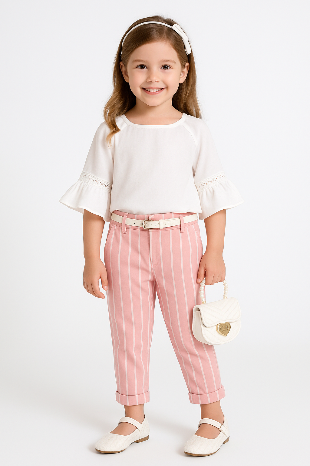 Girls Summer Casual White & Pink Set - MIALIA - White - Pink