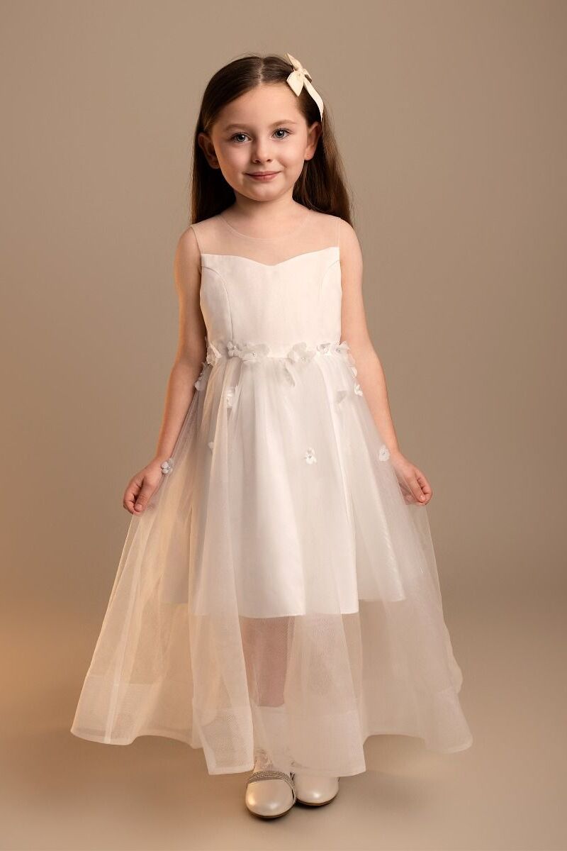 Girls’ Tulle Sweetheart Neck Flower Girl Dress - Laksha - Ivory