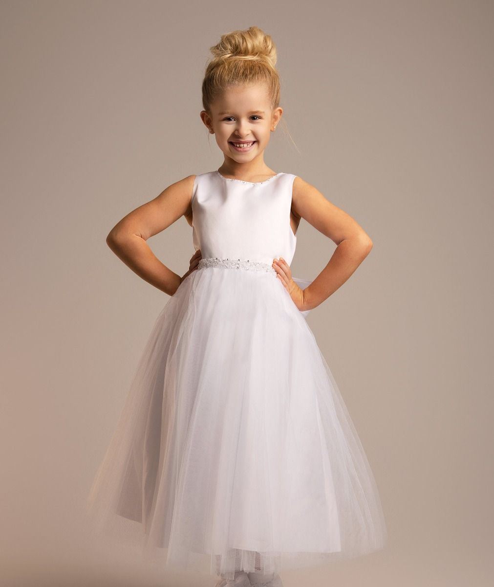 Girls’ White Tulle Communion Dress with Bow - Zia Front Picture