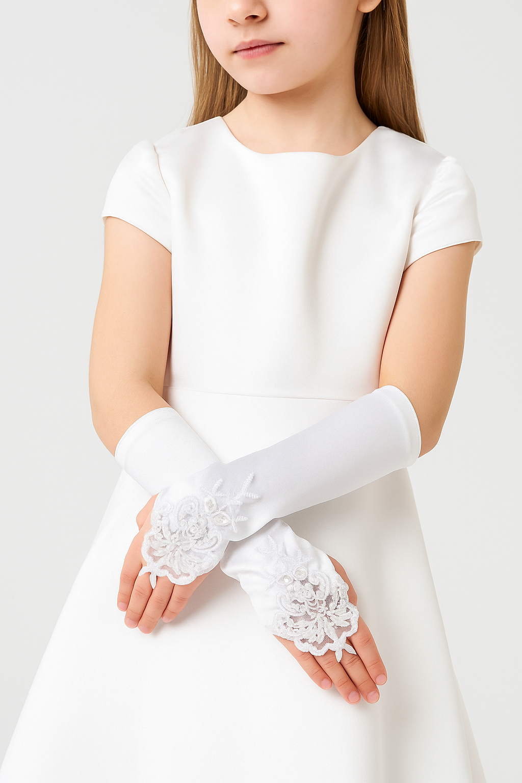 Girls' White Finger Loop Lace Satin Gloves - DIANE - White