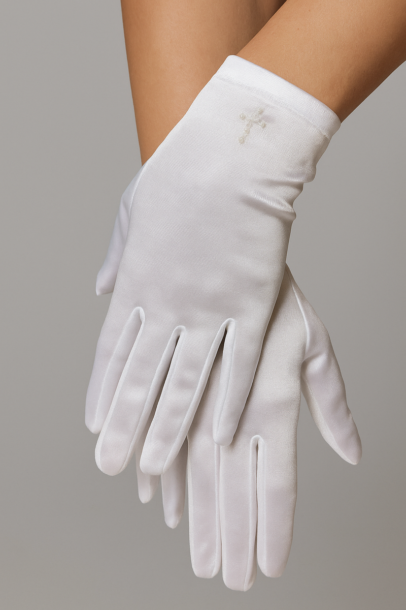 handschuhe kommunion Mädchenweiße Satin- & Perlenkreuz-Kommunionshandschuhe