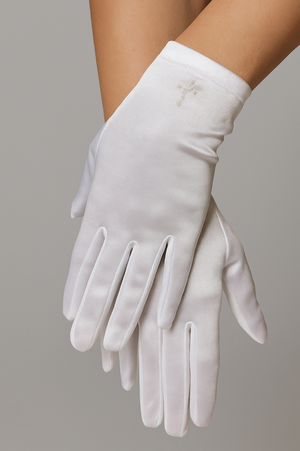 Girls' White Satin Gloves with Pearl Cross - GABY