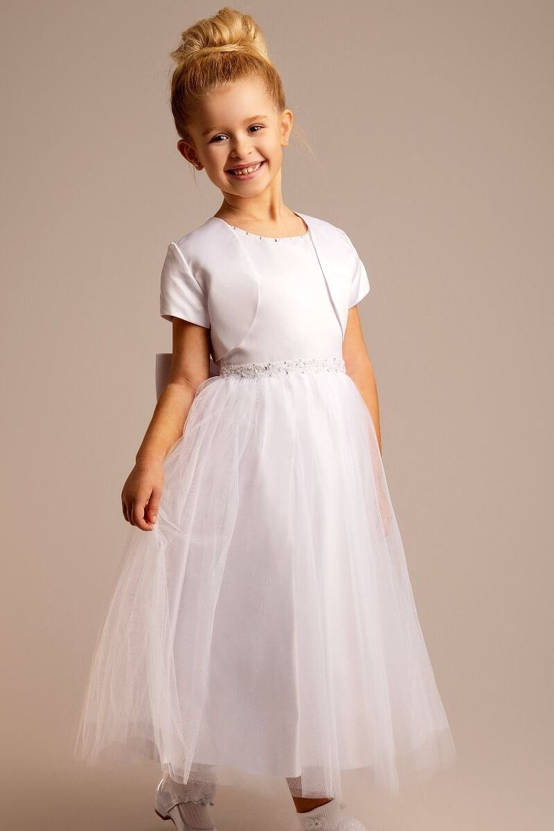 Girls’ White Tulle Communion Dress with Bow - Zia