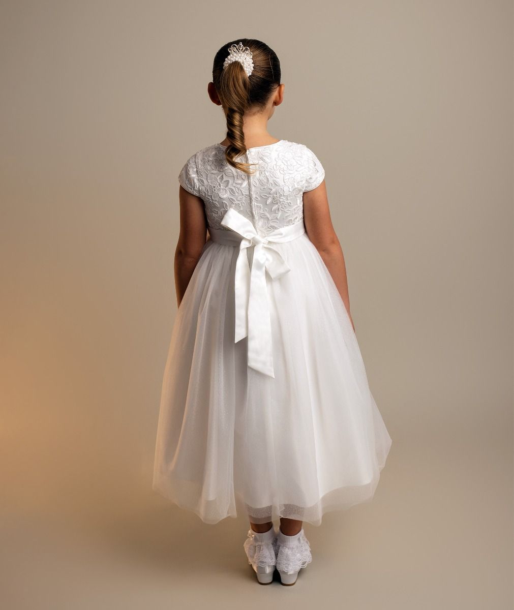 Ivory Floral Embroidery Flower Girl Dress with Bow - Kayla Back Picture