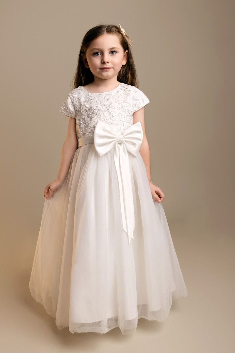 Ivory Floral Embroidery Flower Girl Dress with Bow - Kayla.