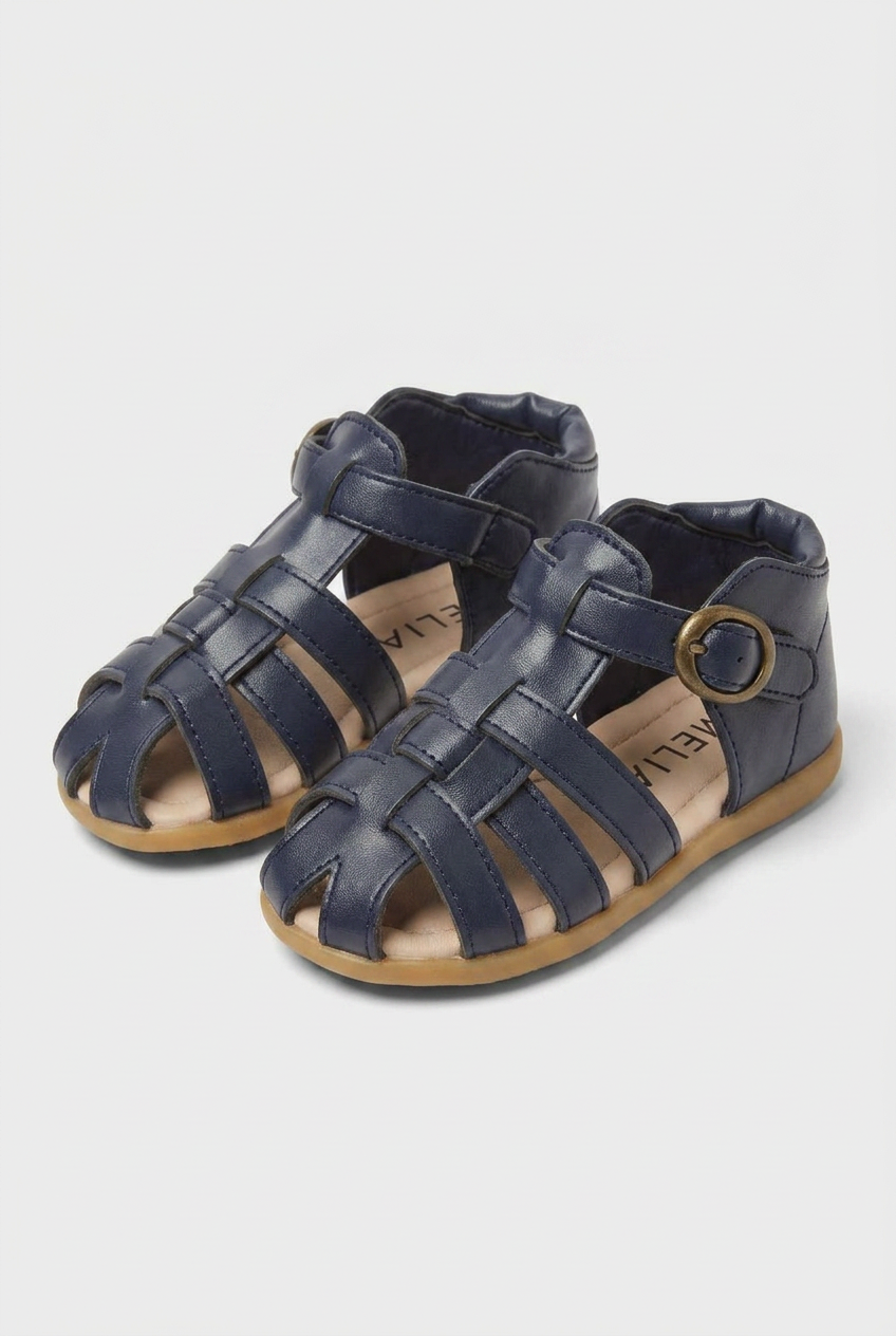 Sandalias de cuero para niños estilo pescador azul marino – Zapatos de verano con punta cerrada y hebilla para niños y niñas pequeños