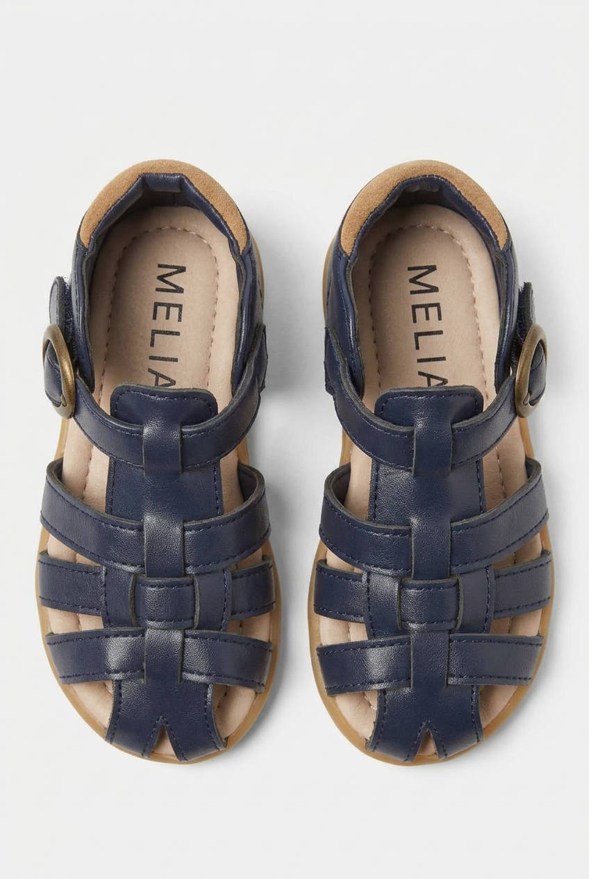 Sandalias de cuero para niños estilo pescador azul marino – Zapatos de verano con punta cerrada y hebilla para niños y niñas pequeños