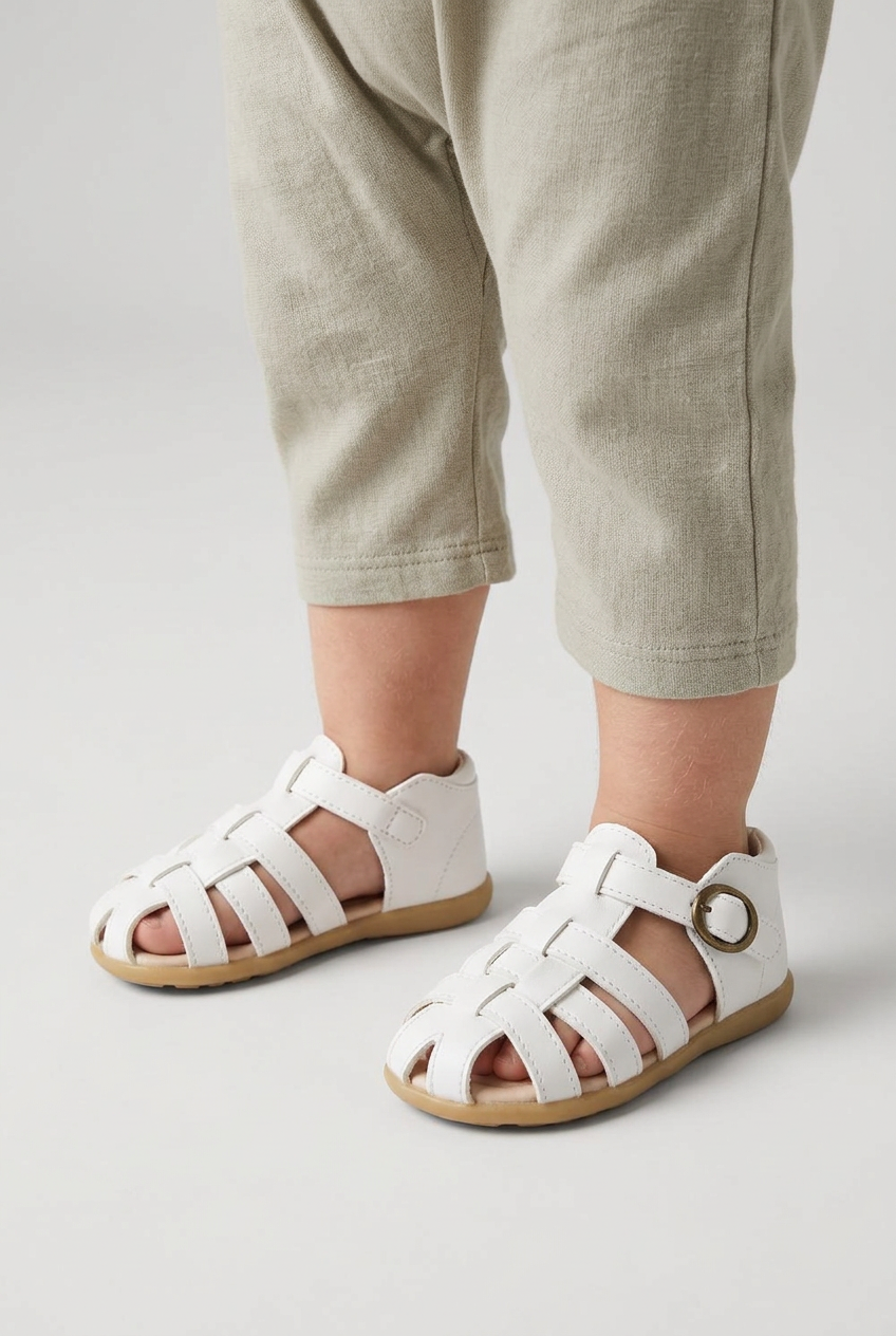 Sandalias de Pescador de Cuero para Niños Blanco – Zapatos de Verano con Punta Cerrada y Hebilla para Niños y Niñas Pequeños