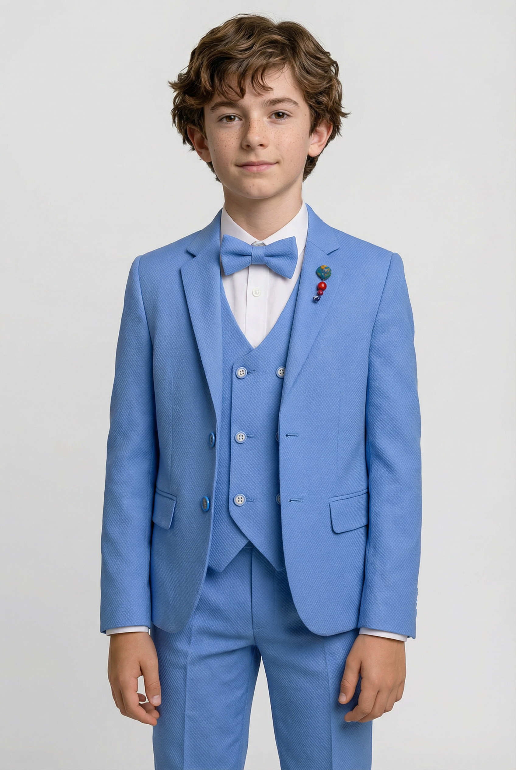 Erkek Çocuk 5 Parça Dokulu Örgü Takım Çift Düğmeli Yelekli - Açık Mavi