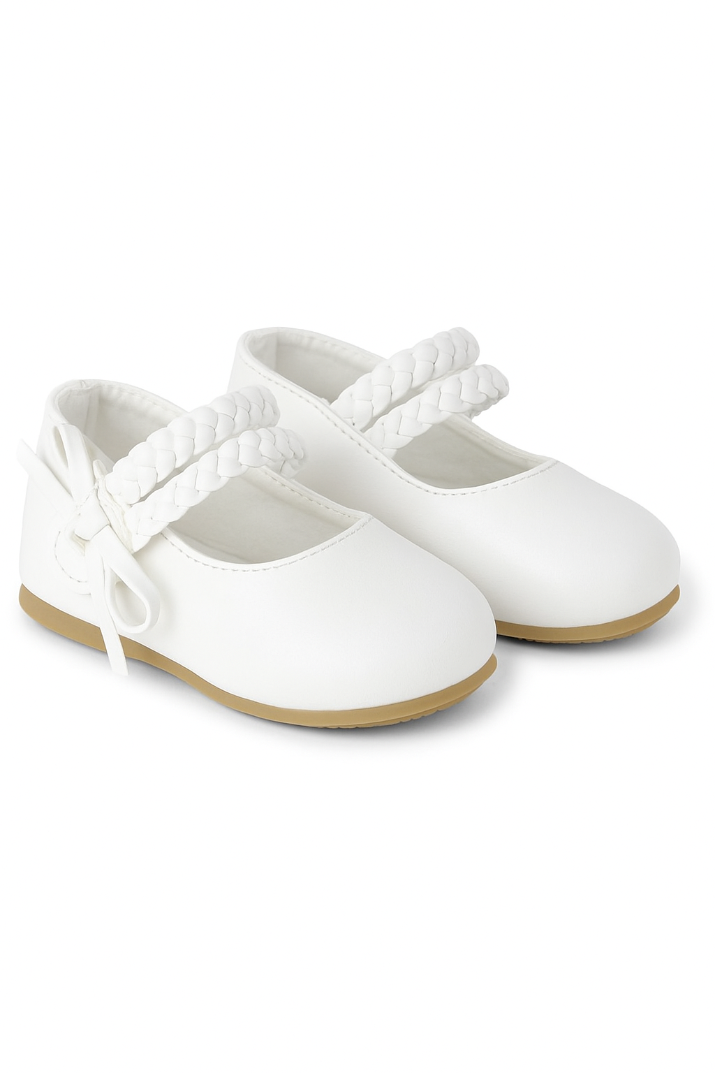 Little Girls’ Braided Strap Mary Jane Shoes with Bow - OPHELIA - White Pair Side Picture