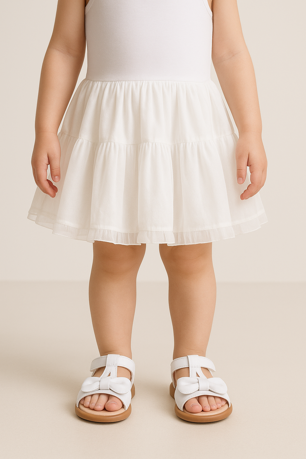 Little Girls’ T-Bar Sandal Shoes with Bow - MATILDA - White Model Picture