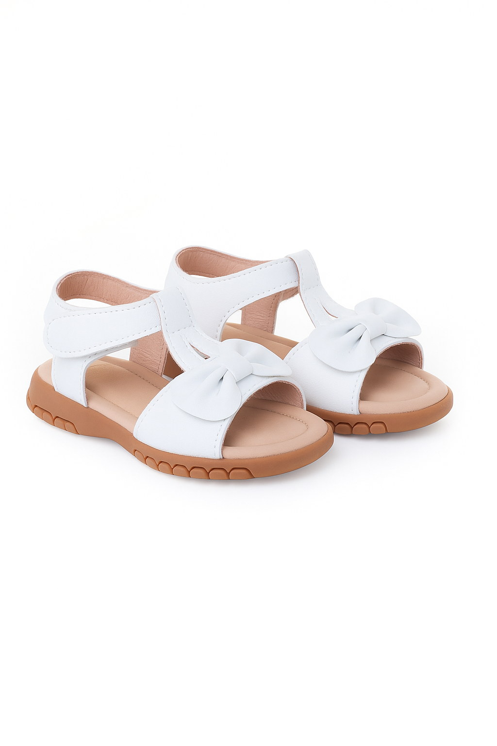 Little Girls’ T-Bar Sandal Shoes with Bow - MATILDA - White Pair Front Picture