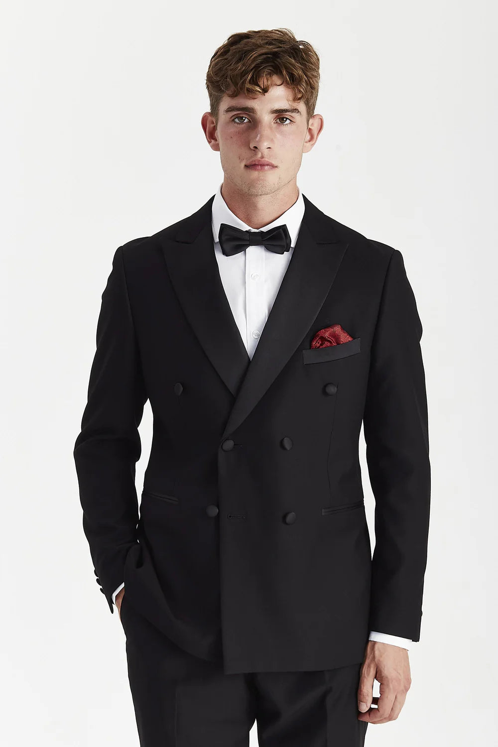 Men’s Tailored Fit Black Tuxedo Suit - 2-Piece Outfit Set with Satin Peak Lapel Double-Breasted Dinner Jacket