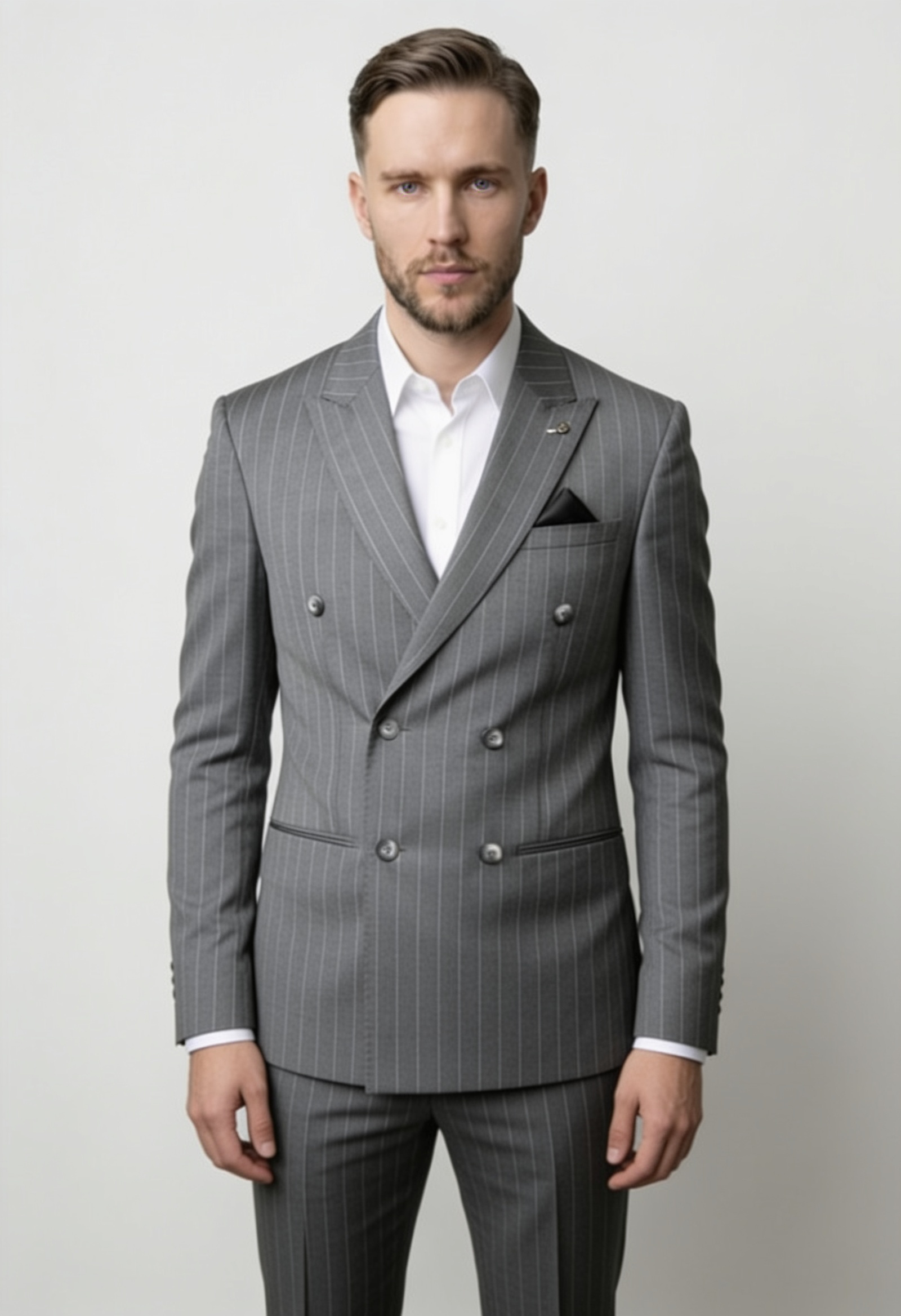 Costume pour homme en laine à rayures fines, 2 pièces, croisé - Modèle LENNOX GRIS
