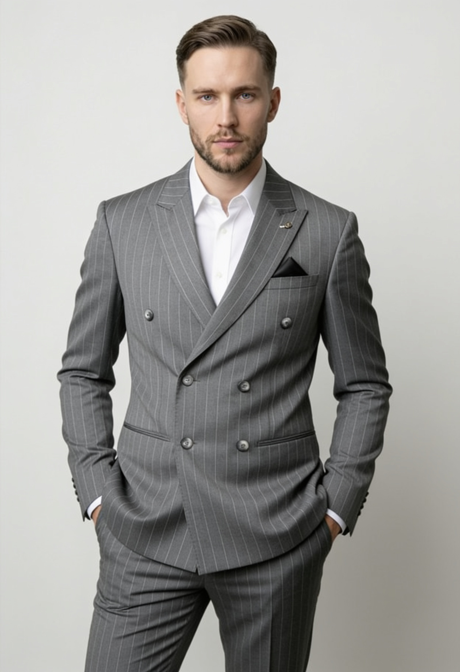 Costume pour homme en laine à rayures fines, 2 pièces, croisé - Modèle LENNOX GRIS