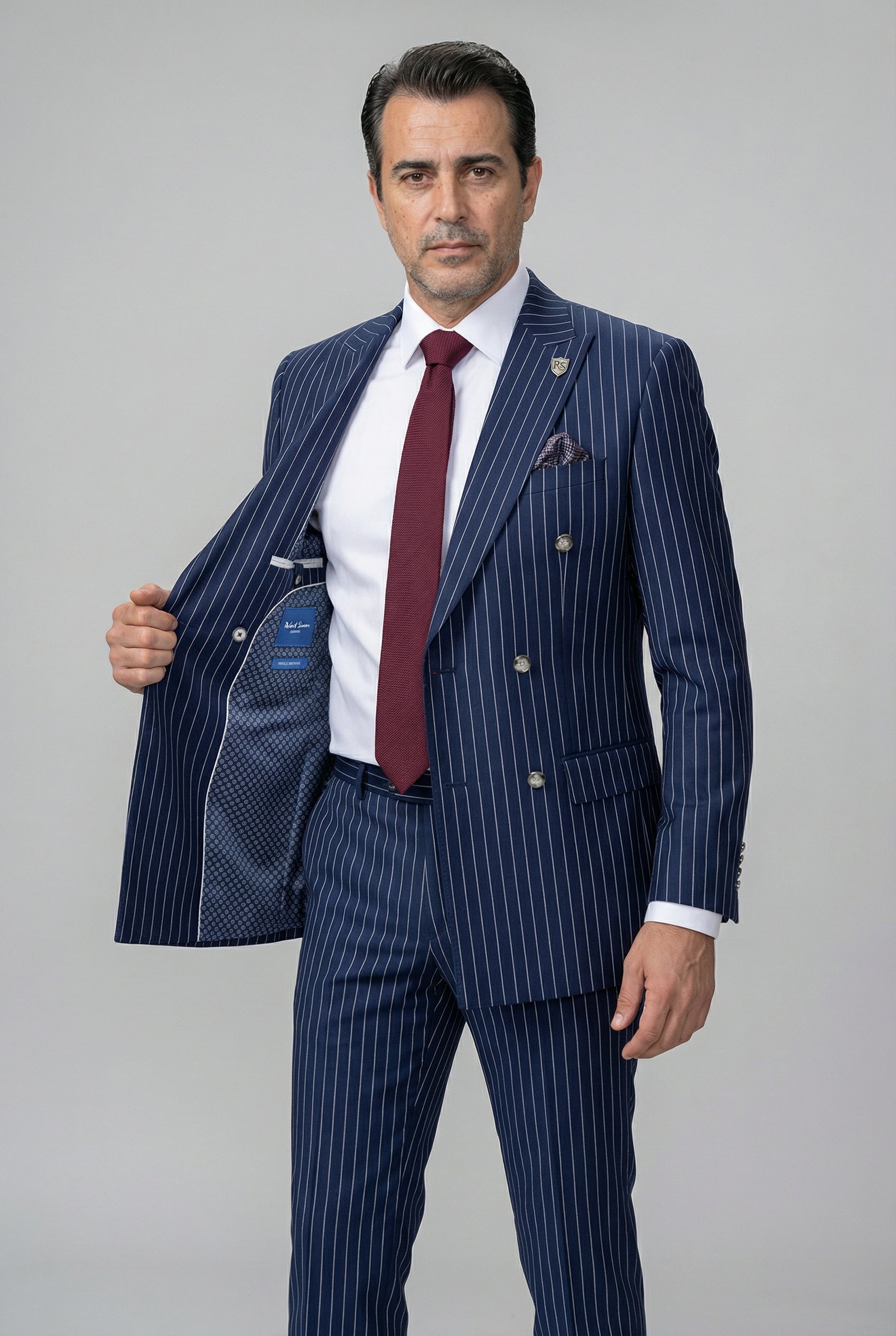 Men’s 2 Piece Double Breasted Pinstripe Suit - EVAN NAVY Linning Picture
