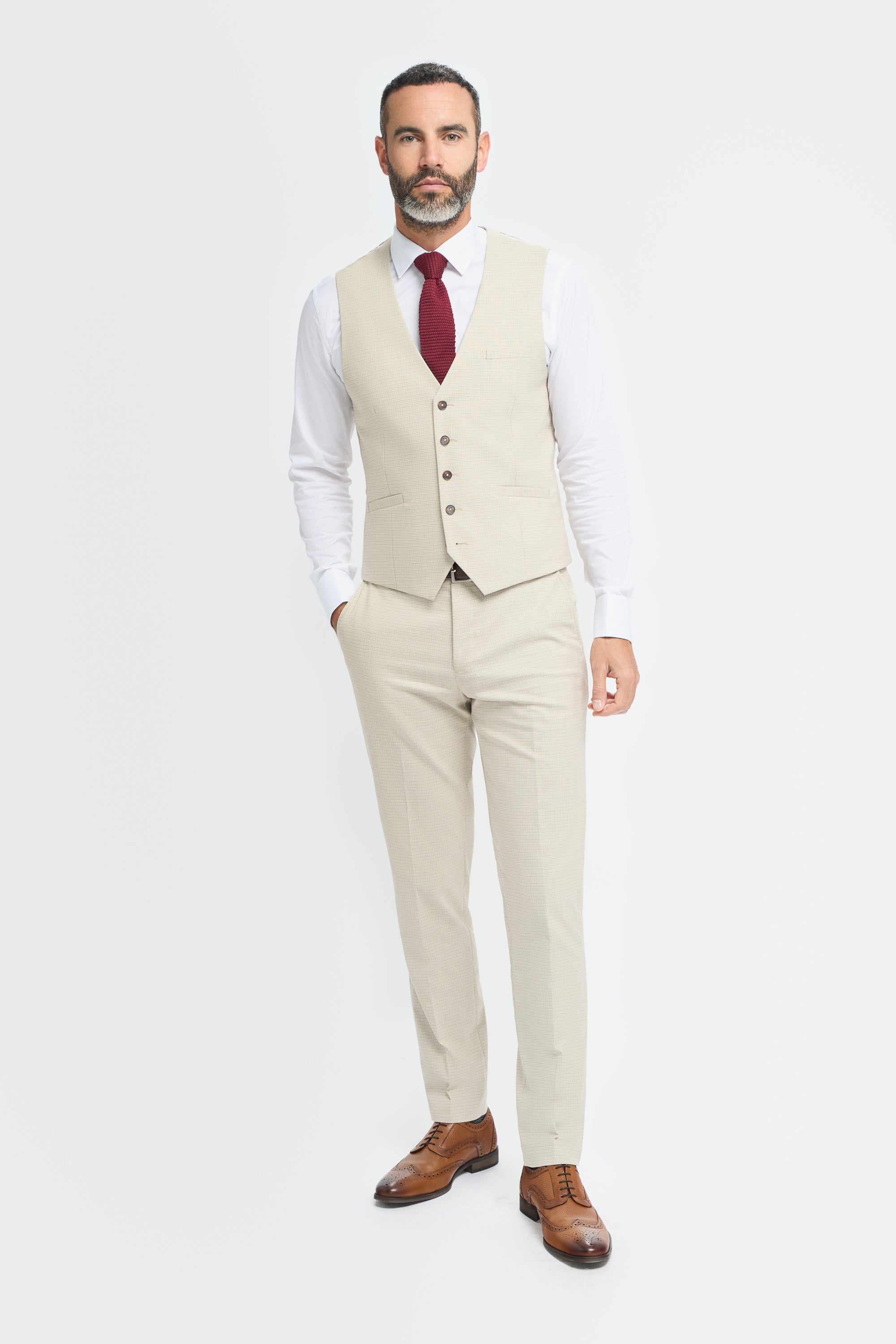 Men’s 3-Piece Beige Cotton Microcheck Suit - Hampton Model Waistcoat Picture