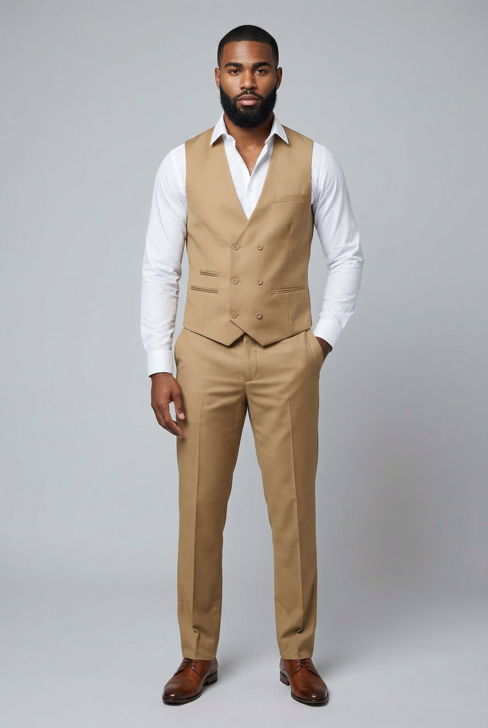 Men’s 3-Piece Formal Suit with Double Breasted Waistcoat - Jason - Mustard Model Front Picture without blazer