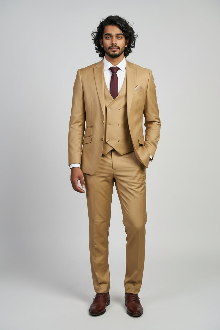 Men’s 3-Piece Formal Suit with Double Breasted Waistcoat - Jason - Mustard Model Picture