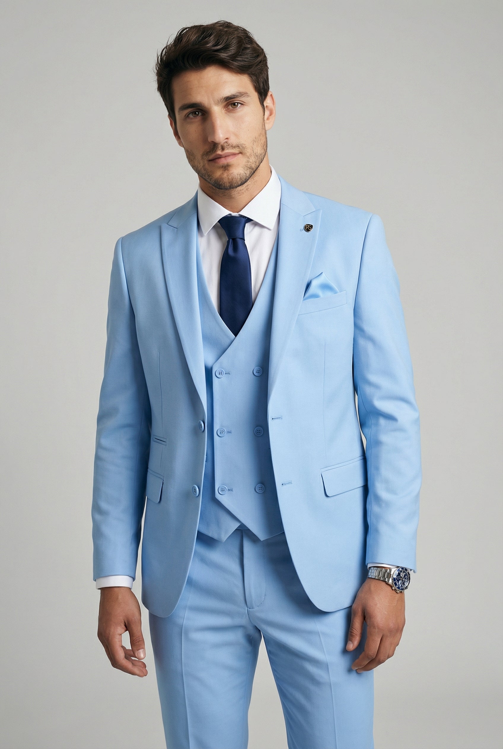 Men’s 3-Piece Formal Suit with Double Breasted Waistcoat - Karter - Pale Blue Model Picture