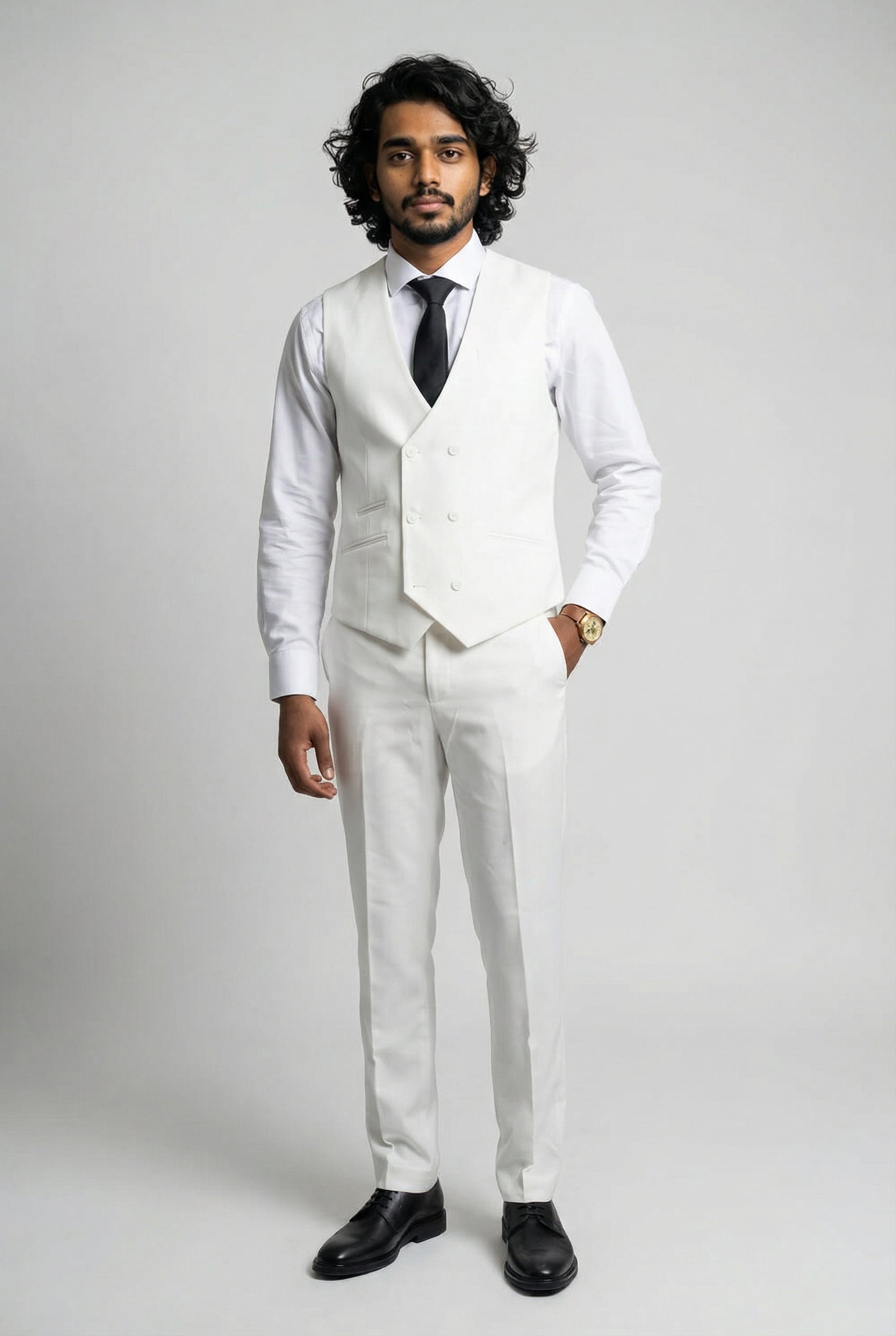 Men’s 3-Piece Formal Suit with Double Breasted Waistcoat - Santiago - Off White  Waistcoat  Picture