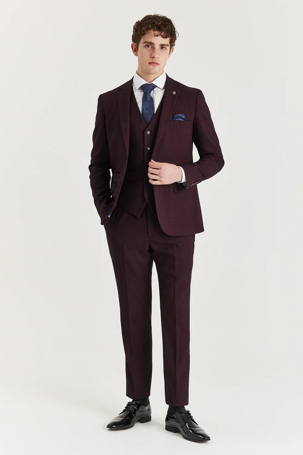 Men’s 3-Piece Glen Check Formal Suit - Regent - Wine Red Model Front Picture