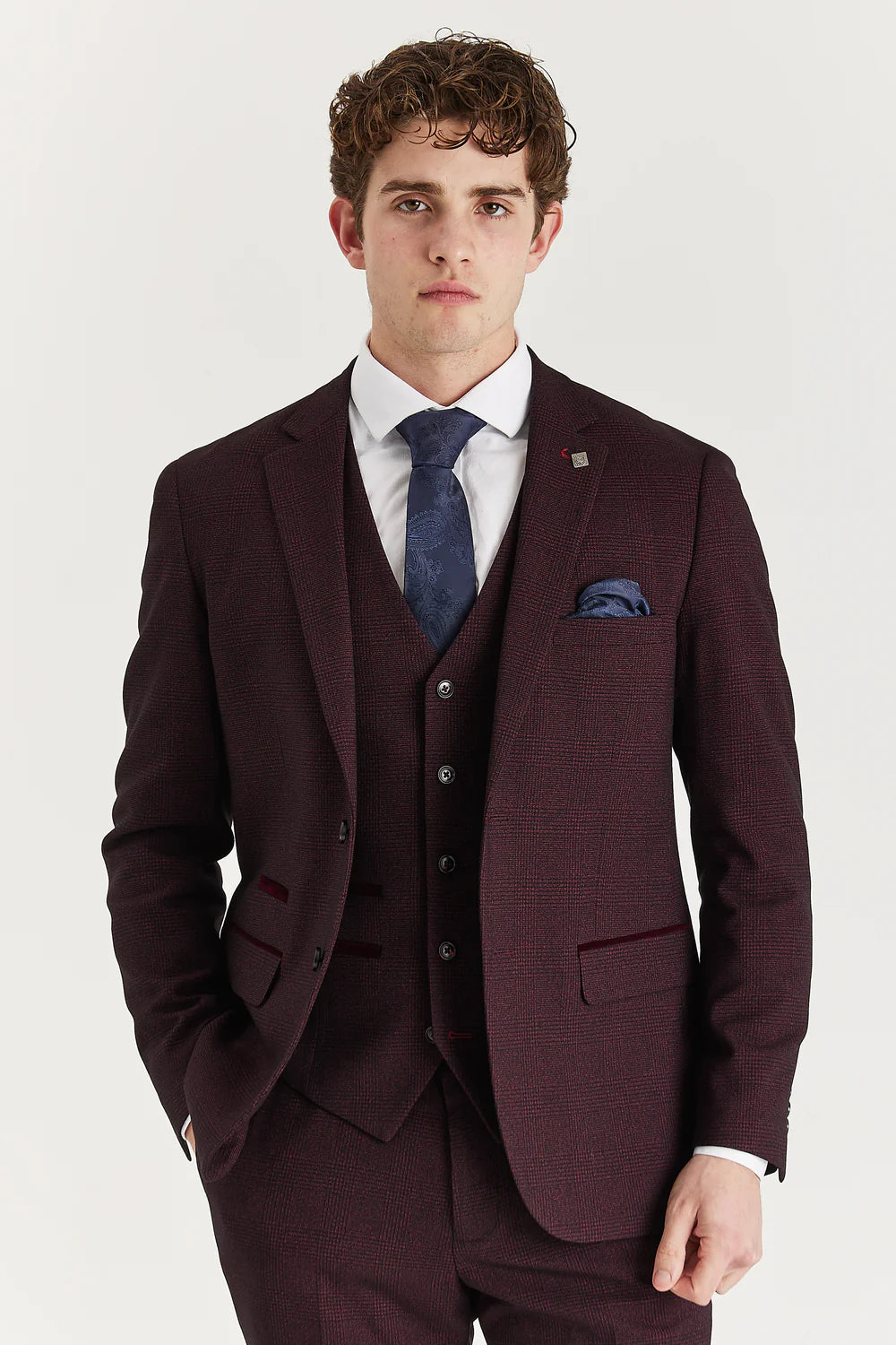 Men’s 3-Piece Glen Check Formal Suit - Regent - Wine Red Model Picture