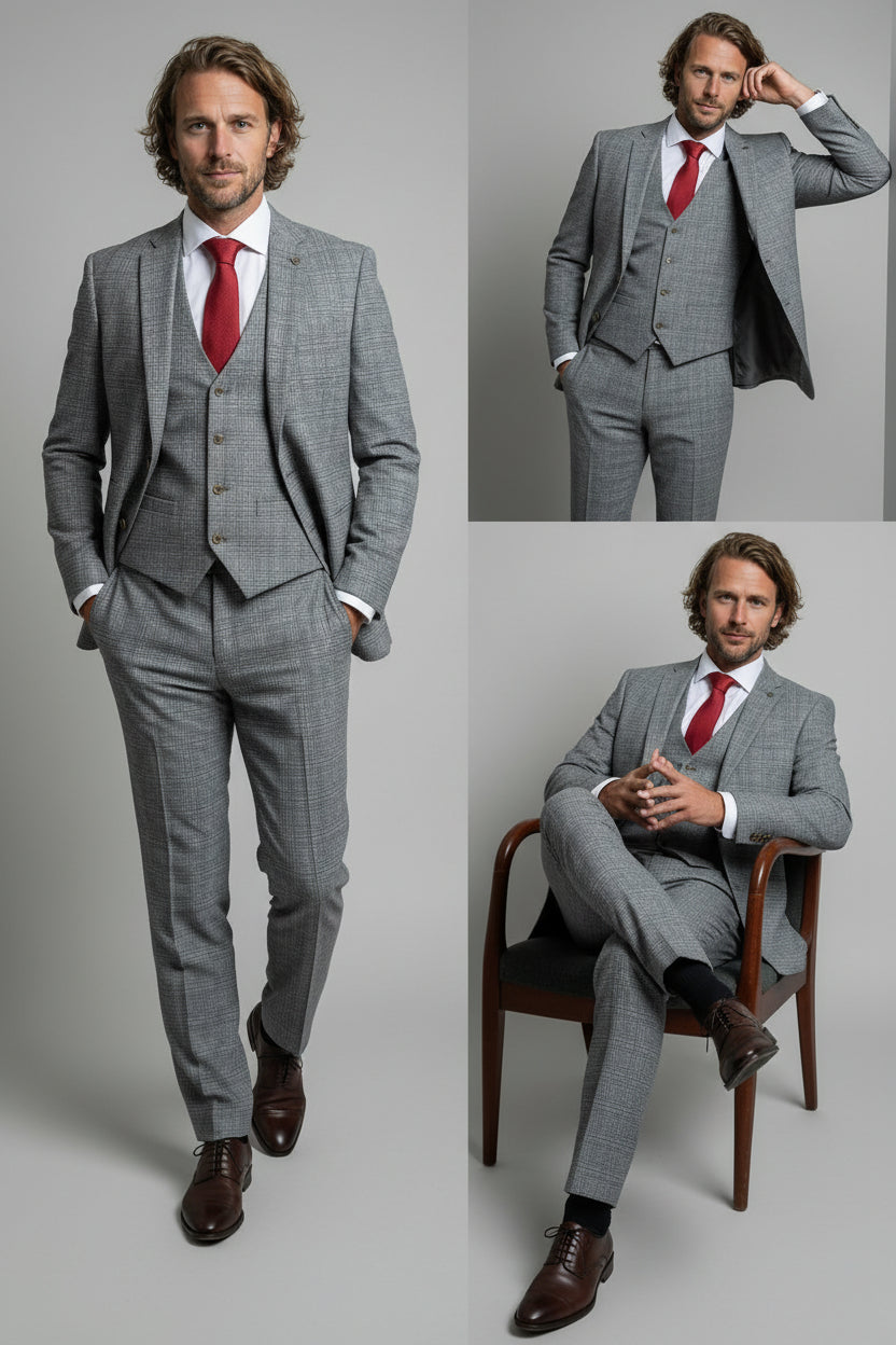 Men’s 3-Piece Glen Check Suit - Parker - Stone Grey