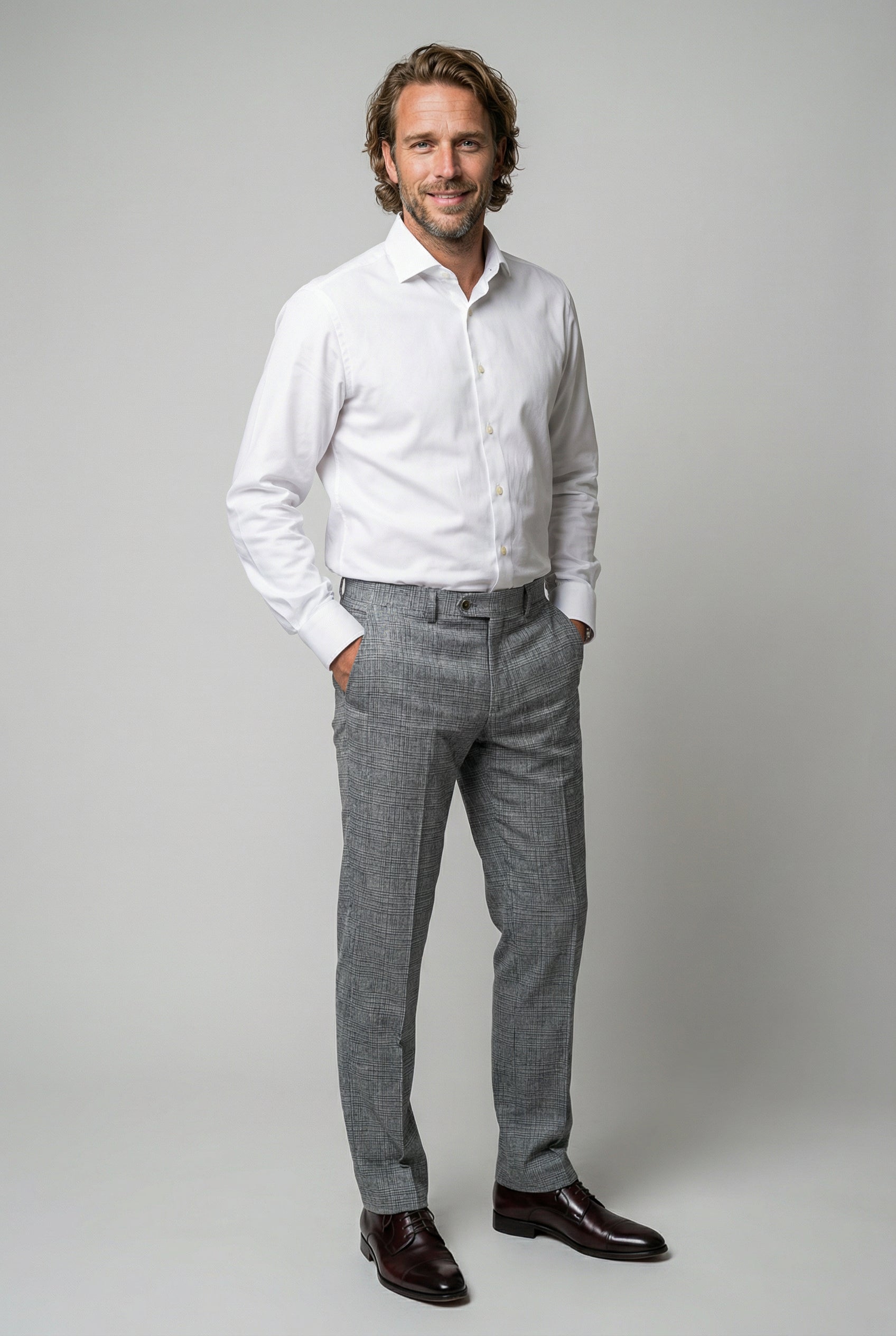 Men’s 3-Piece Glen Check Suit - Parker - Stone Grey Trousers Front Picture