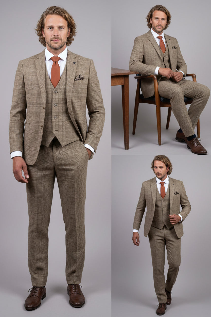Men’s 3-Piece Glen Check Suit - Parker - Tan Brown