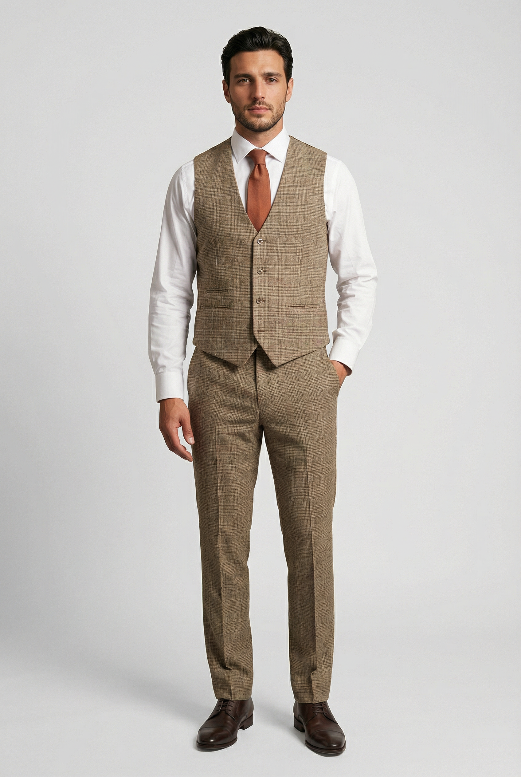 Herren 3-teiliger Glencheck-Anzug - Parker - Hellbraun