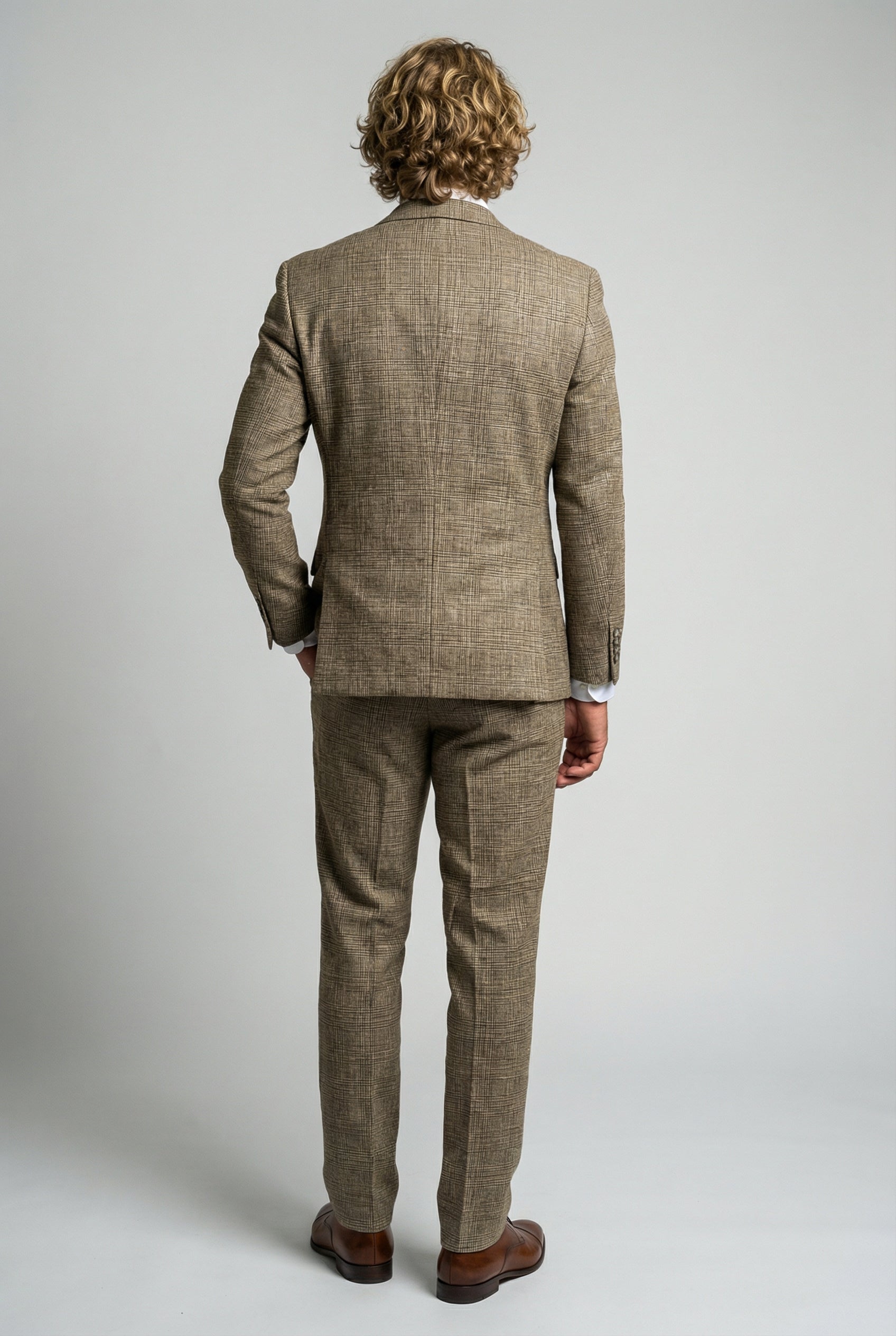 Men’s 3-Piece Glen Check Suit - Parker - Tan Brown Back Picture