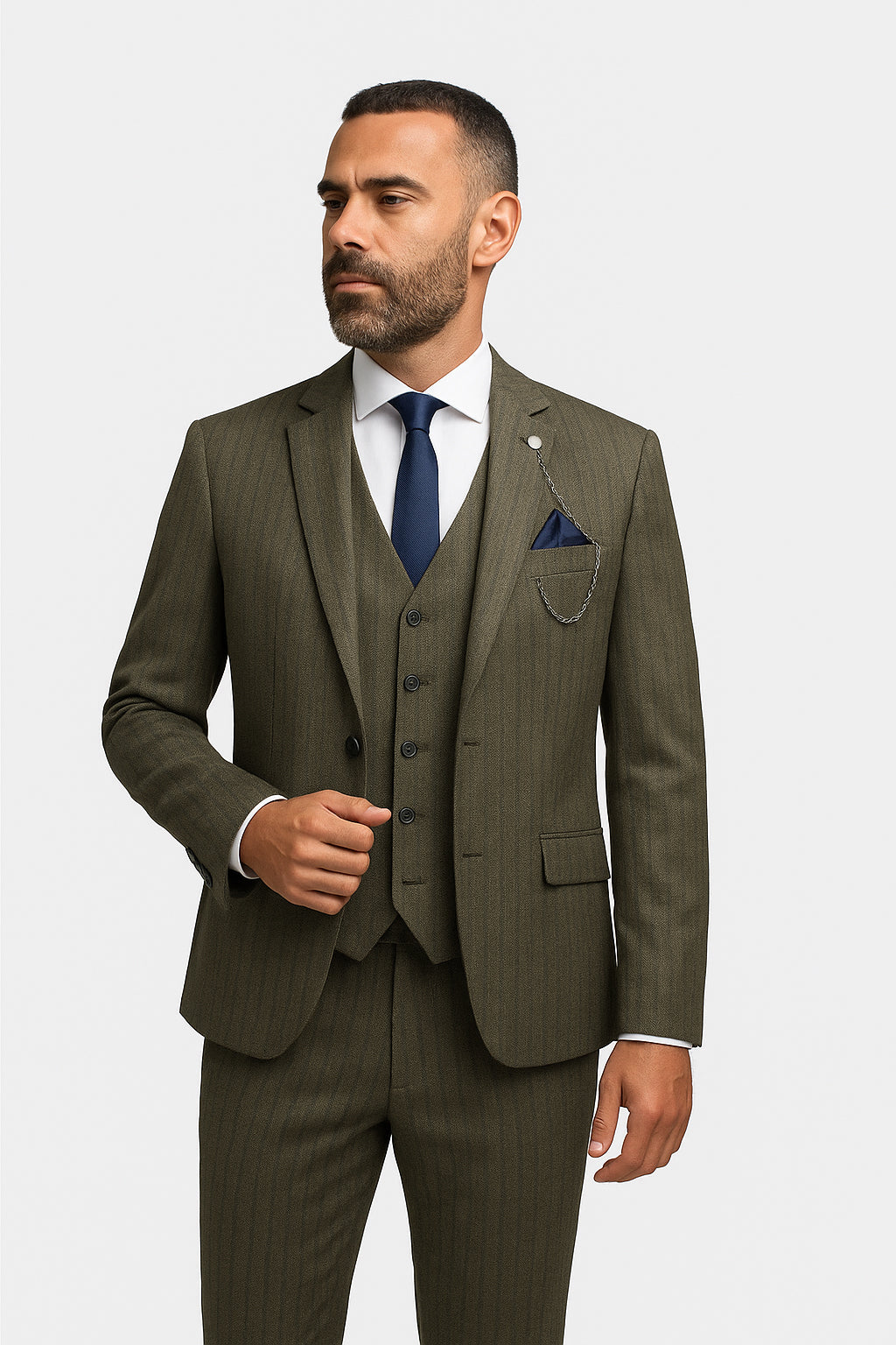 Men’s 3-Piece Herringbone Formal Suit - Damon - Sage Green Model Picture