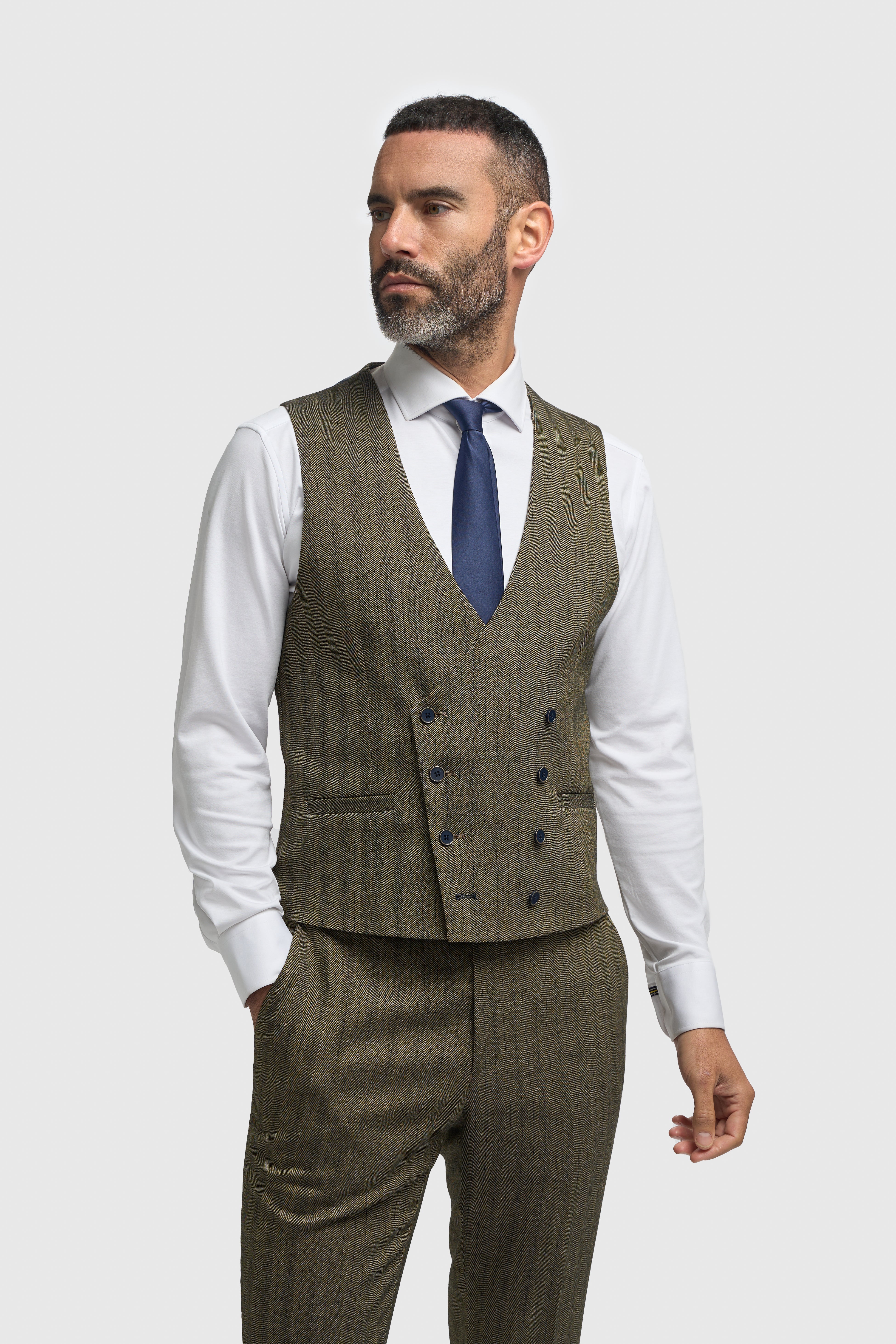Men’s 3-Piece Herringbone Suit with Double Breasted Waistcoat - Damon - Sage Green Model Picture