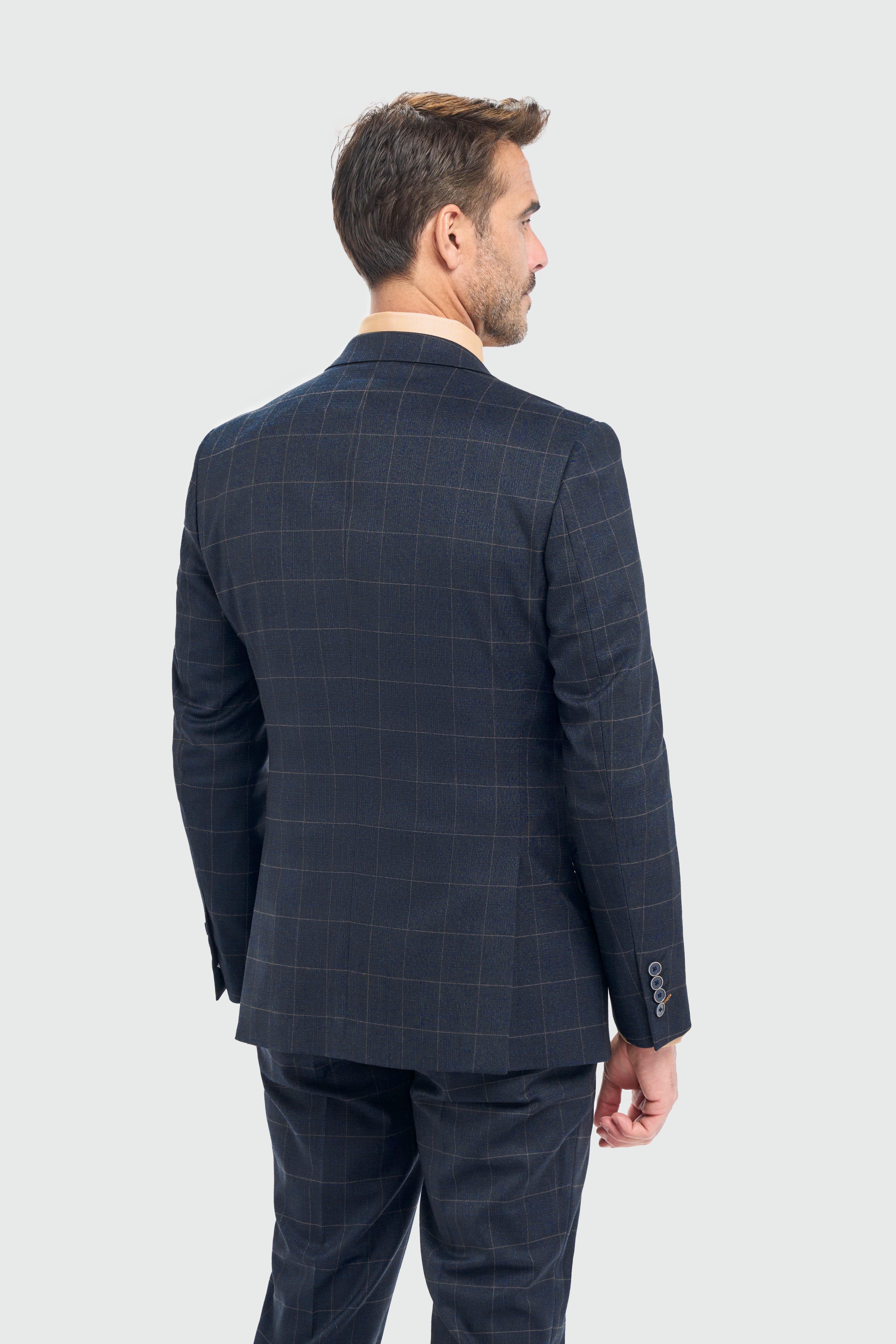 Men’s 3-Piece Navy Windowpane Check Suit with Double Breasted Waistcoat - Torino Blazer Back picture