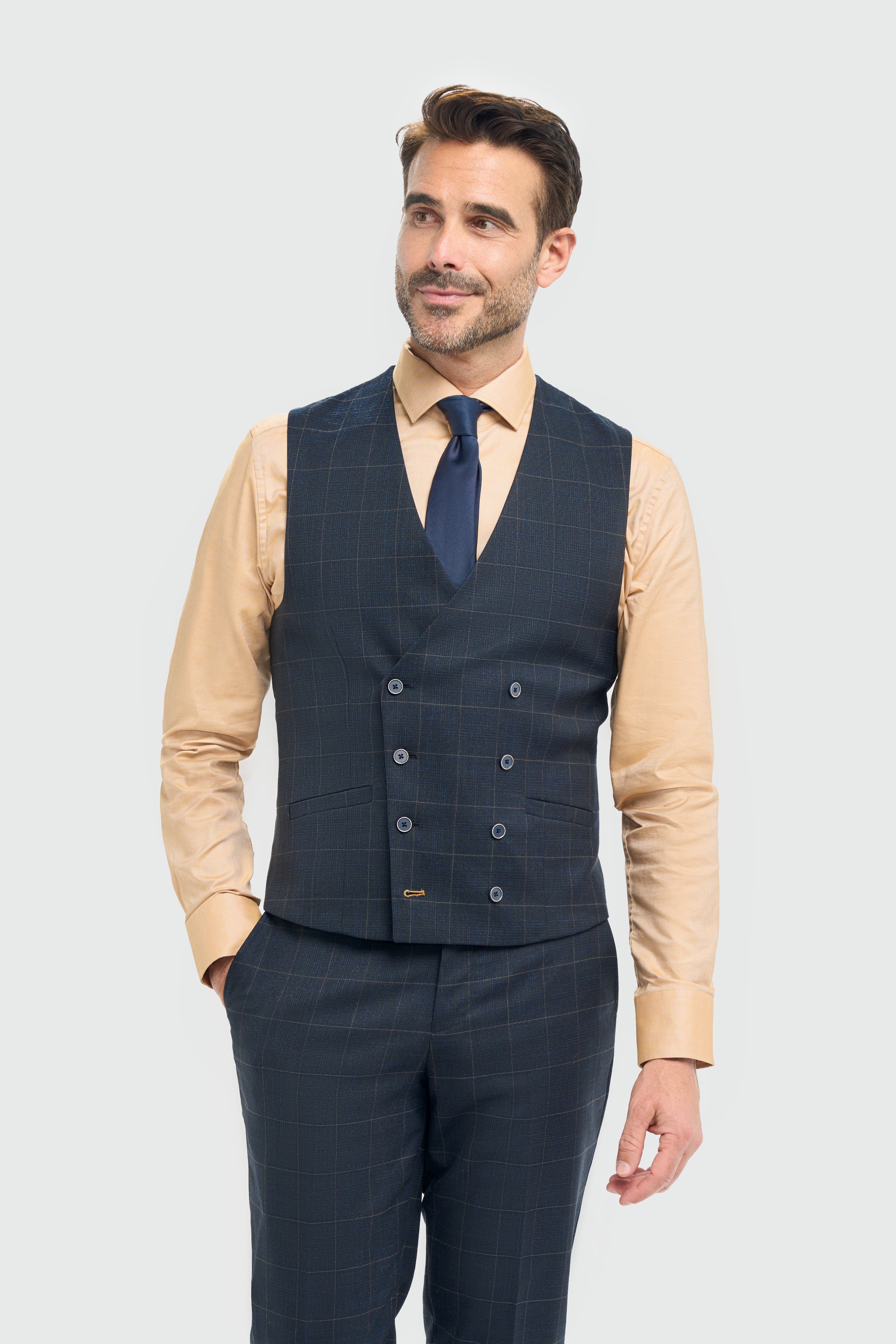 Men’s 3-Piece Navy Windowpane Check Suit with Double Breasted Waistcoat - Torino Waistcoat Picture