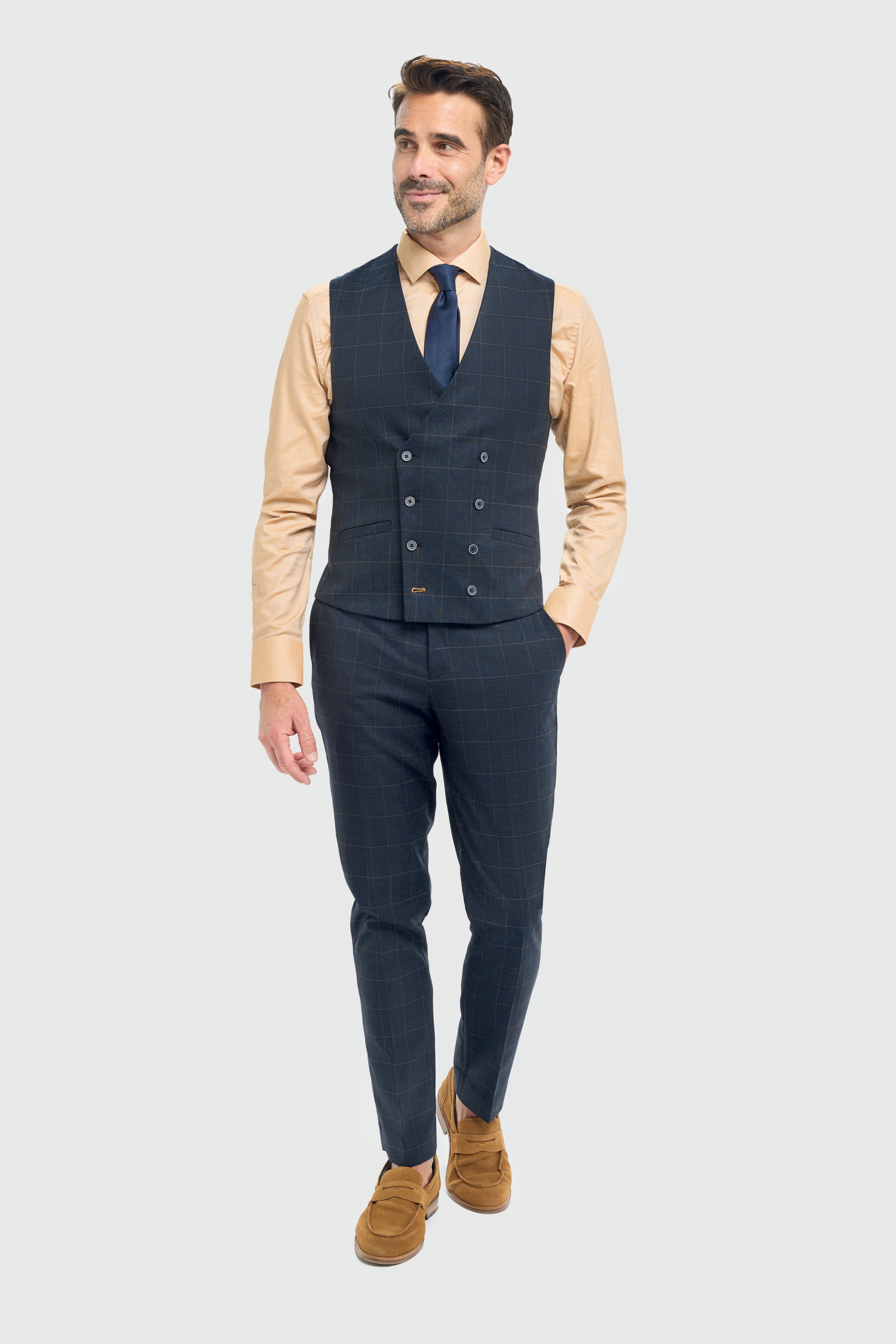 Men’s 3-Piece Navy Windowpane Check Suit with Double Breasted Waistcoat - Torino Waistcoat Front Picture