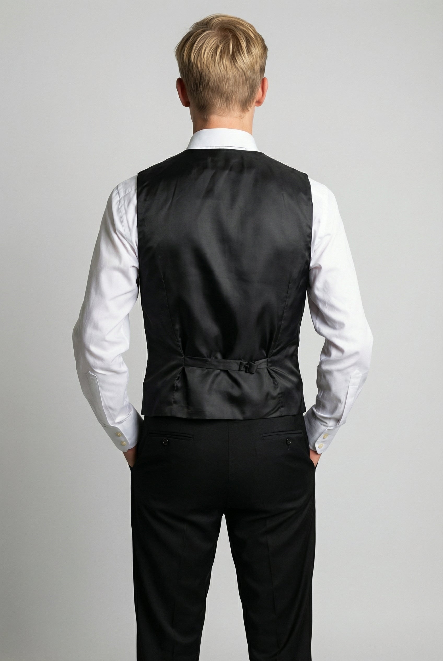 Men’s 3-Piece Satin Lapel Tuxedo Suit - Edward - Black Waistcoat back picture