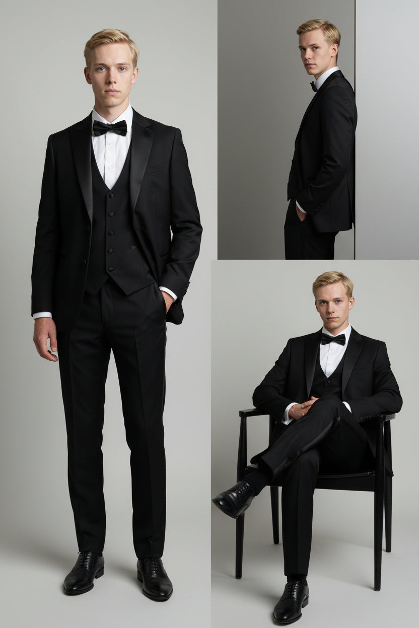 Men’s 3-Piece Satin Lapel Tuxedo Suit - Edward - Black