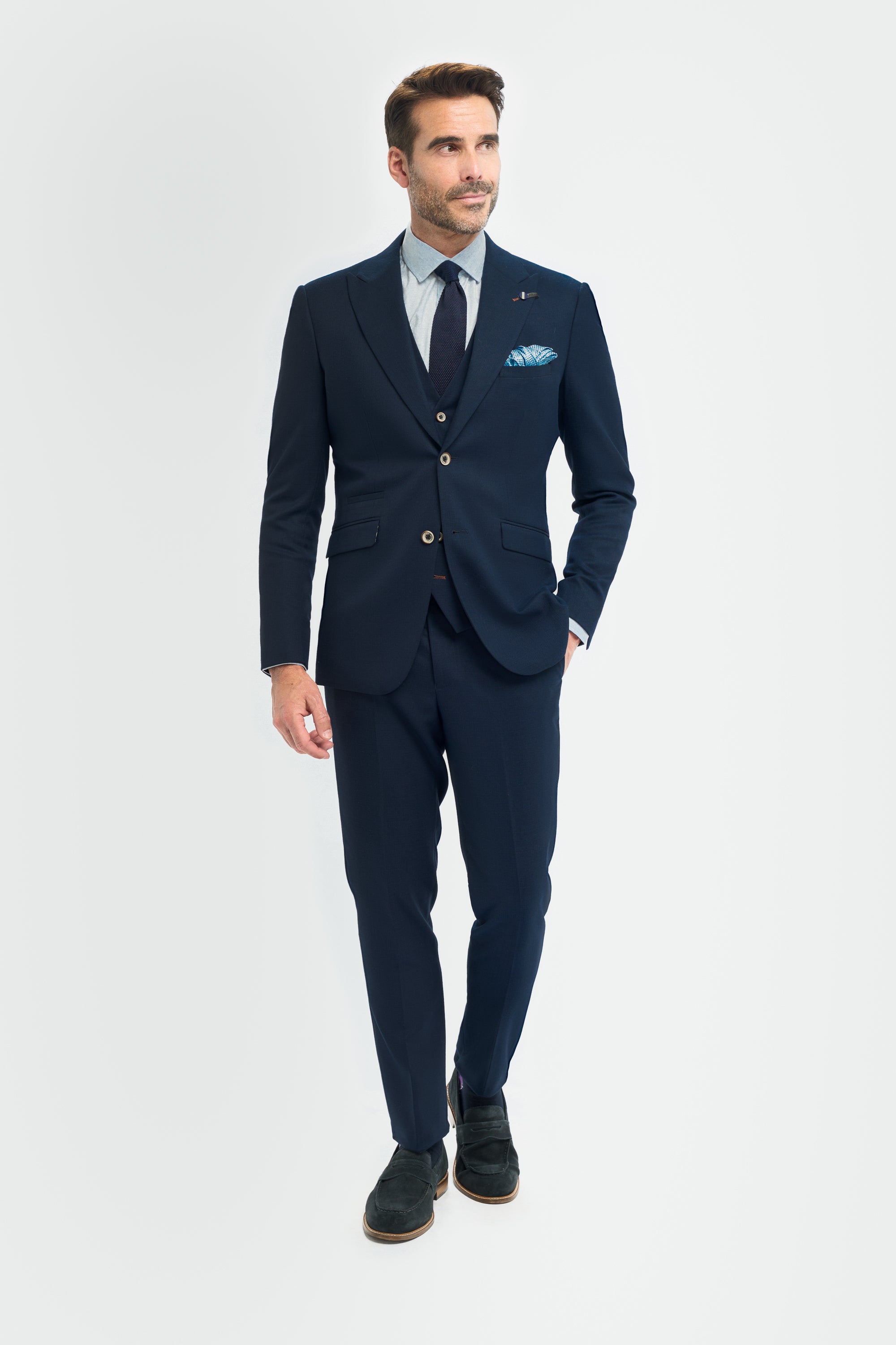 Men’s 3-Piece Slim Fit Textured Formal Suit - Tropez - Navy Blue Model Front Picture