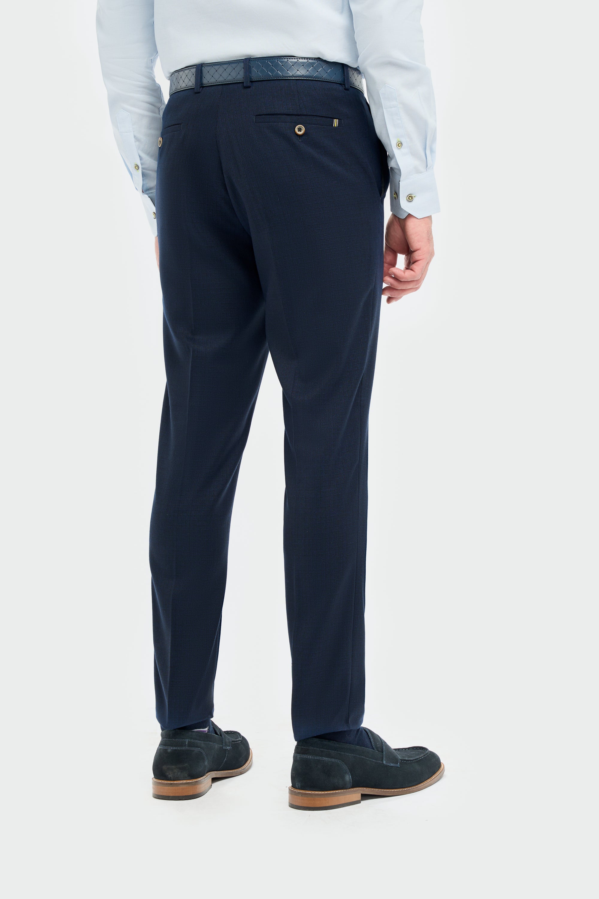 Men’s 3-Piece Slim Fit Textured Formal Suit - Tropez - Navy Blue Trousers Back Picture