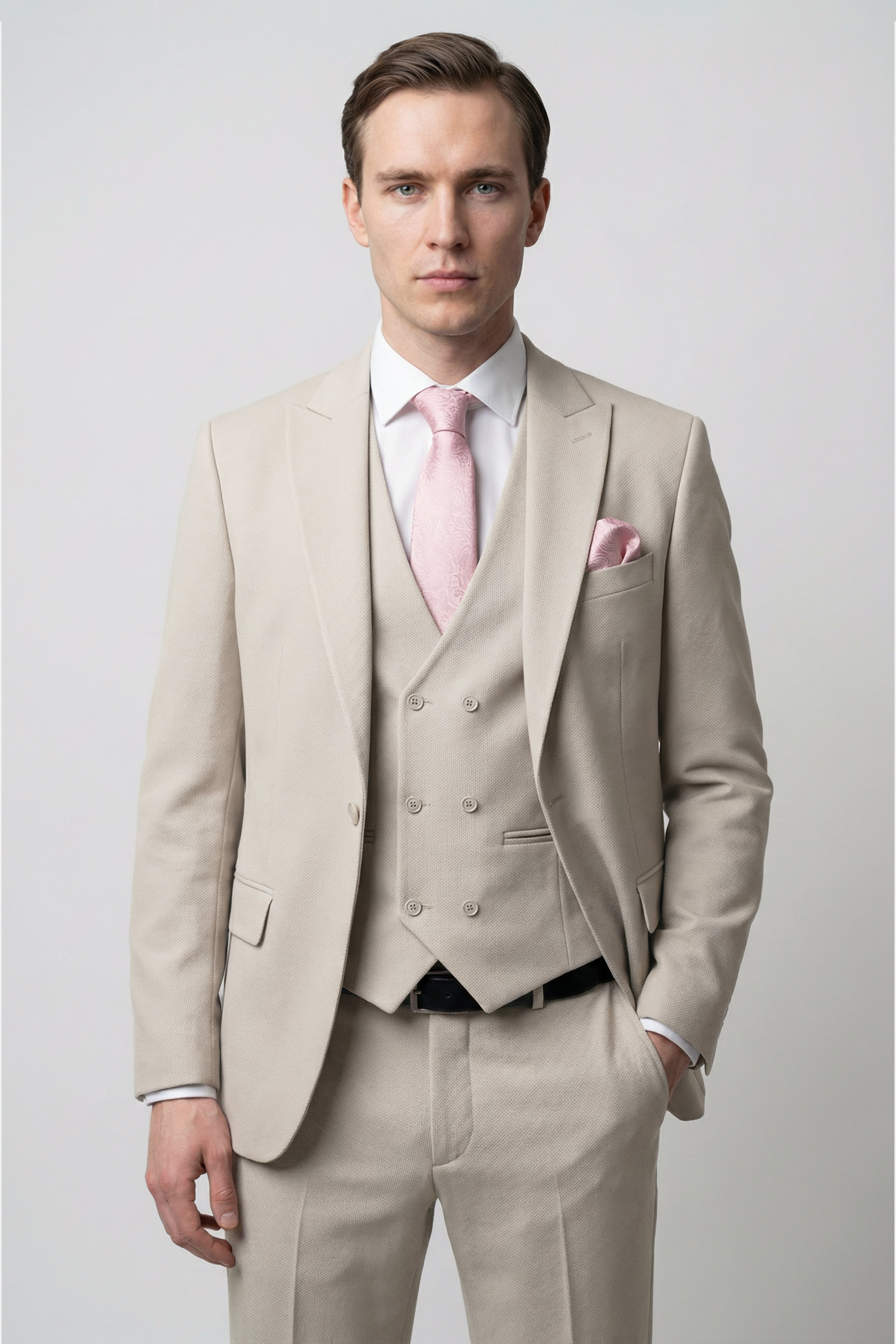Men’s 3-Piece Textured Formal Suit with Double Breasted Waistcoat - Core - Beige Model Picture