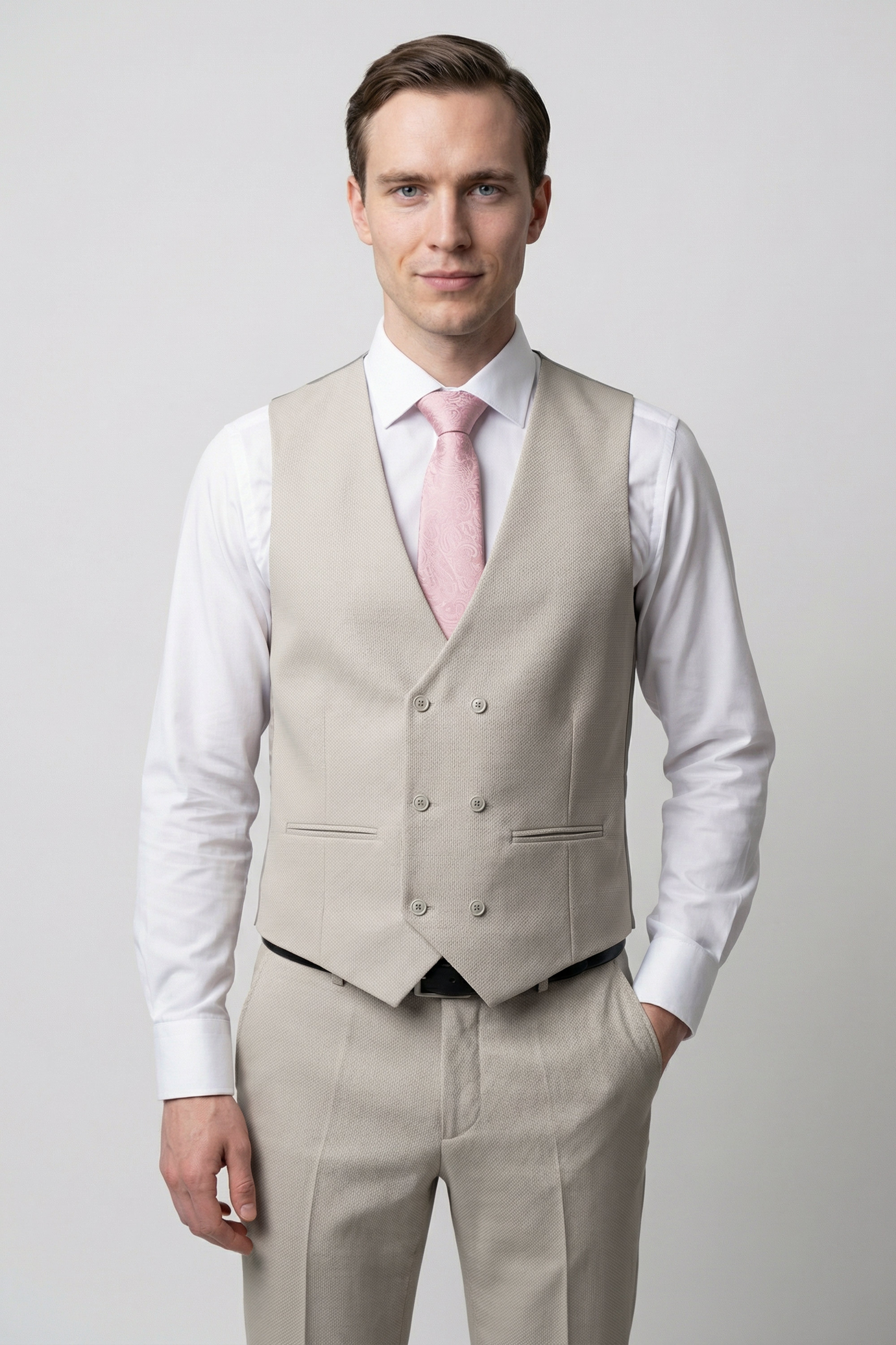 Men’s 3-Piece Textured Formal Suit with Double Breasted Waistcoat - Core - Beige Model Waistcoat Picture