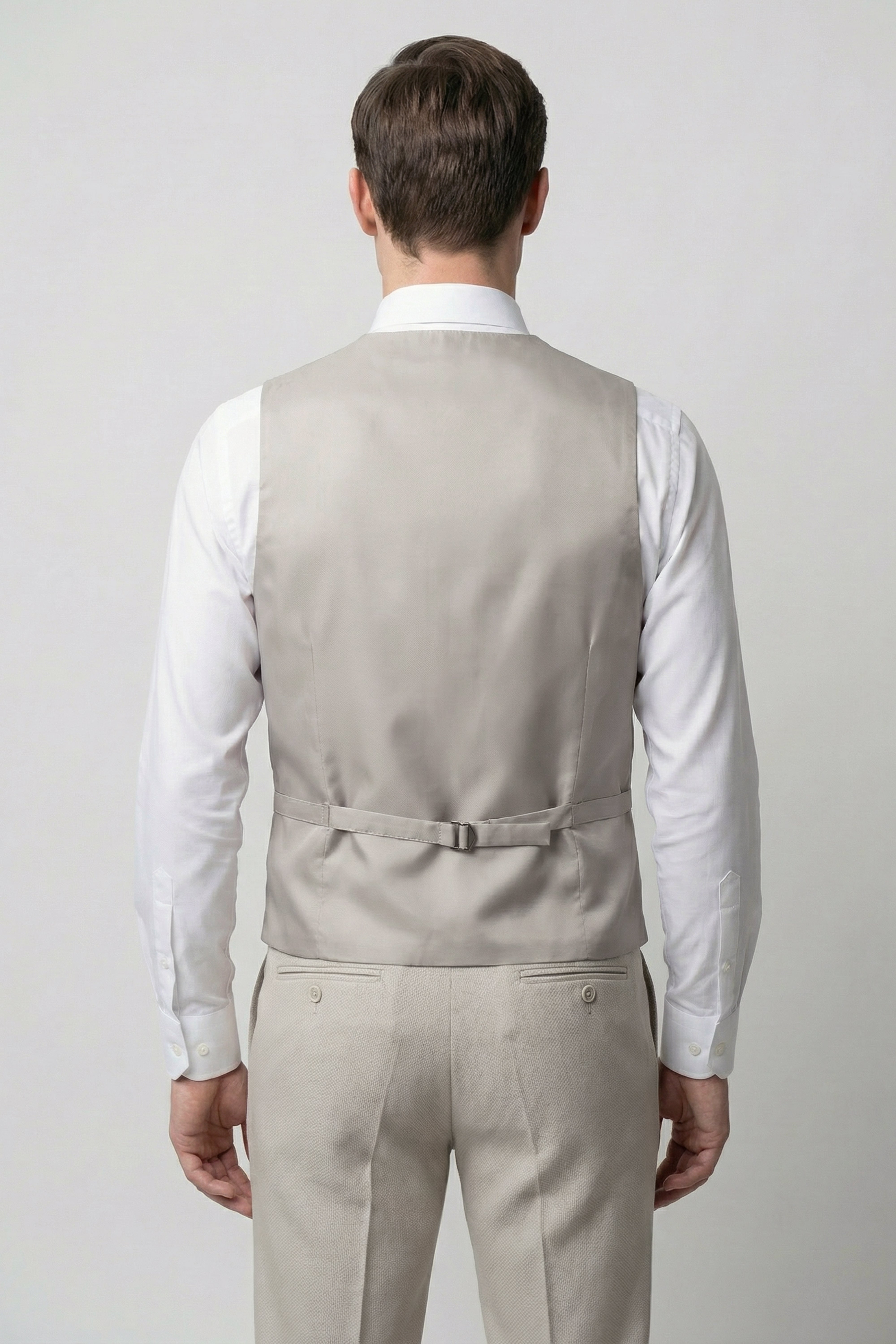 Men’s 3-Piece Textured Formal Suit with Double Breasted Waistcoat - Core - Beige Model Waistcoat Back Picture