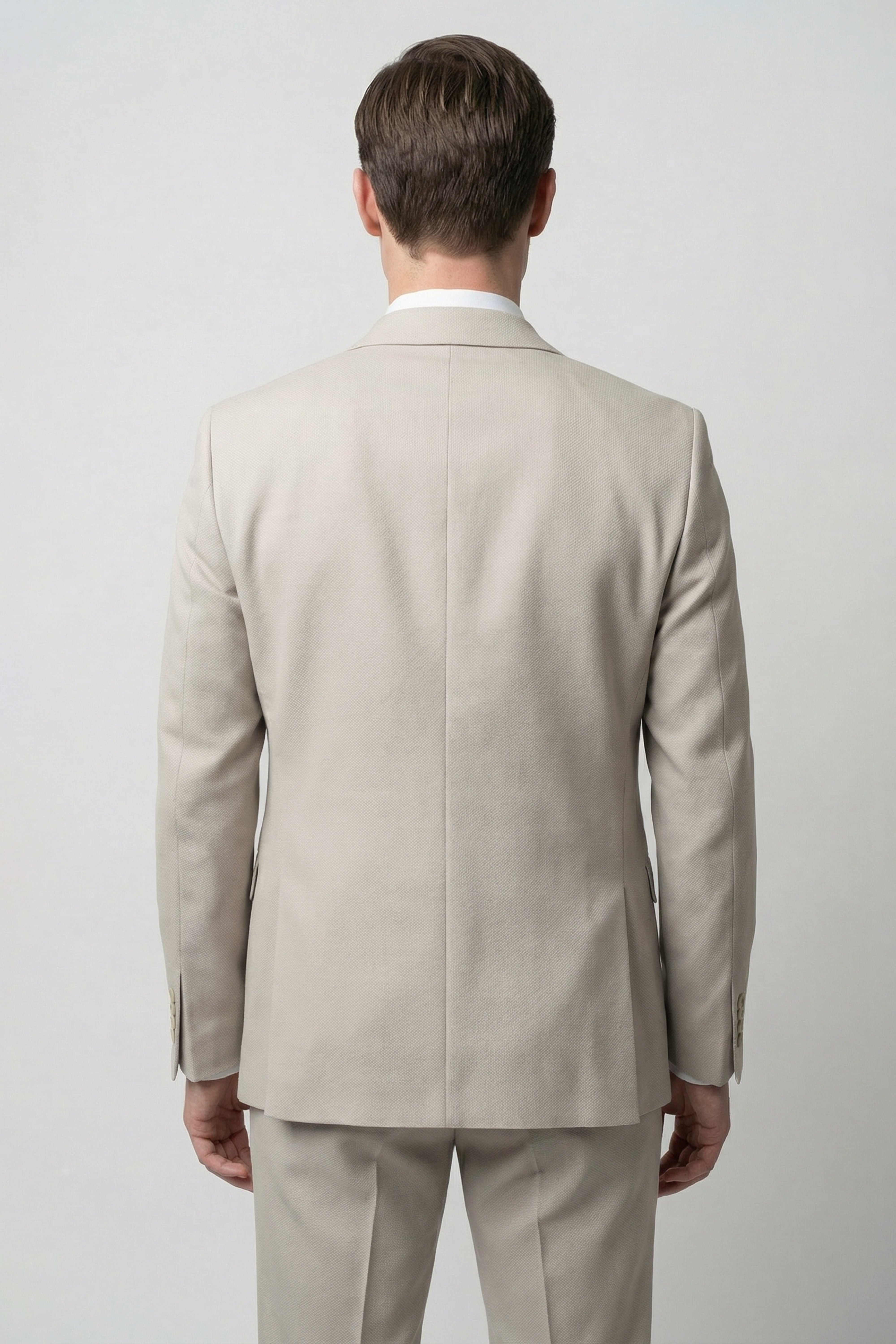 Men’s 3-Piece Textured Formal Suit with Double Breasted Waistcoat - Core - Beige Model Jacket Back Picture