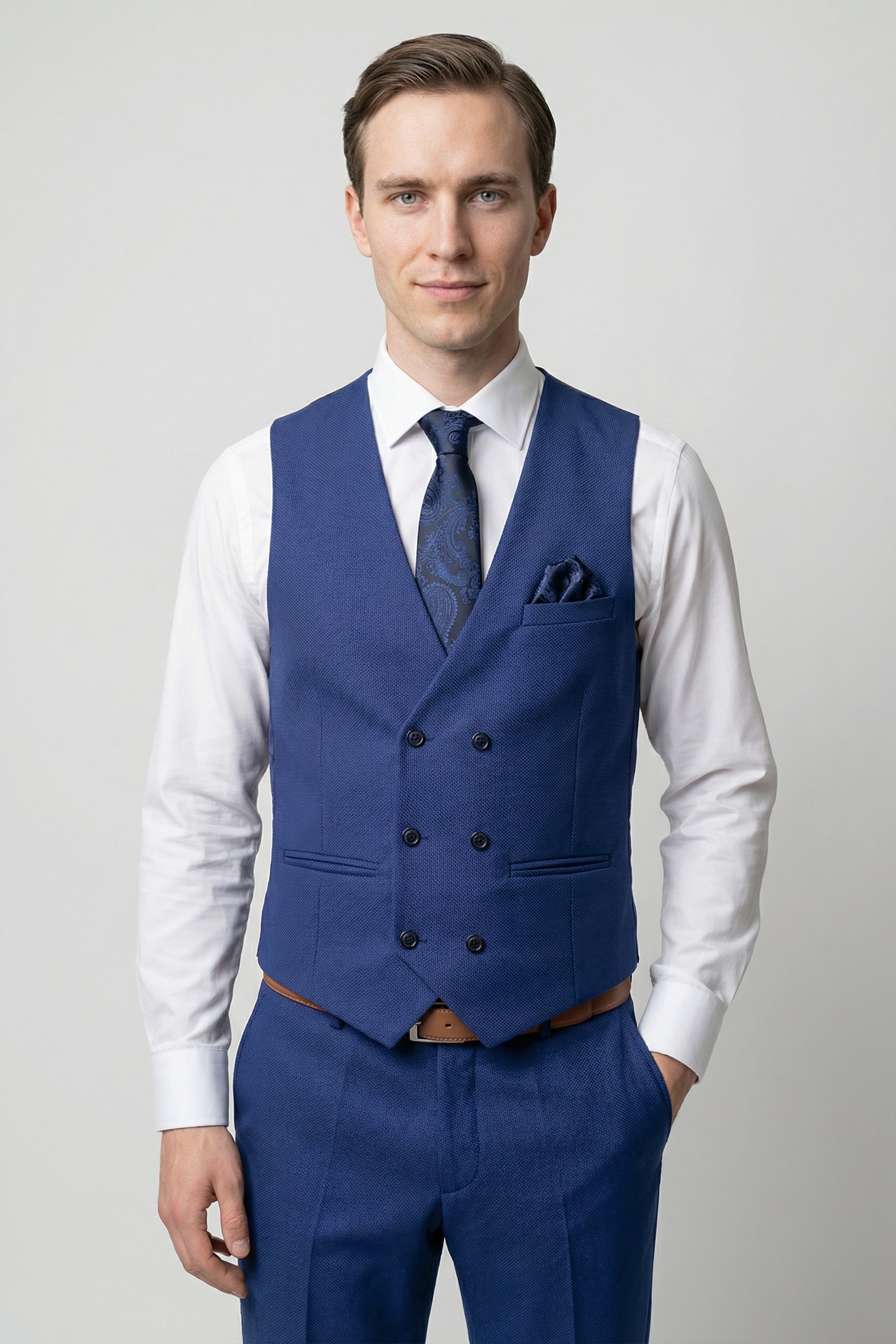 Men’s 2-Piece Textured Formal Suit with Double Breasted Waistcoat - Core - Navy Blue Model Picture