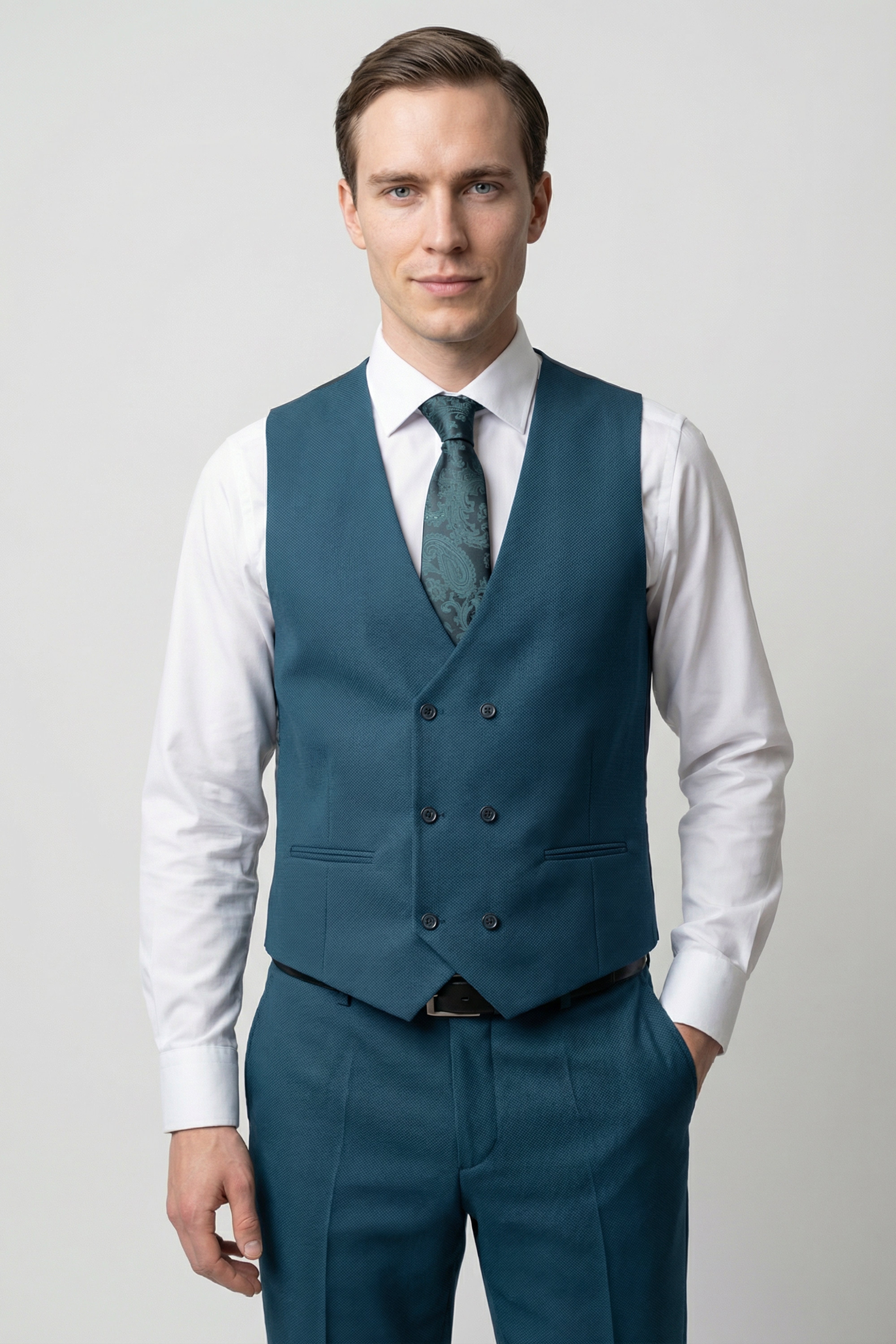 Men’s 3-Piece Textured Formal Suit with Double Breasted Waistcoat - Core - Olive Green Modle Waistcoat Front Picture