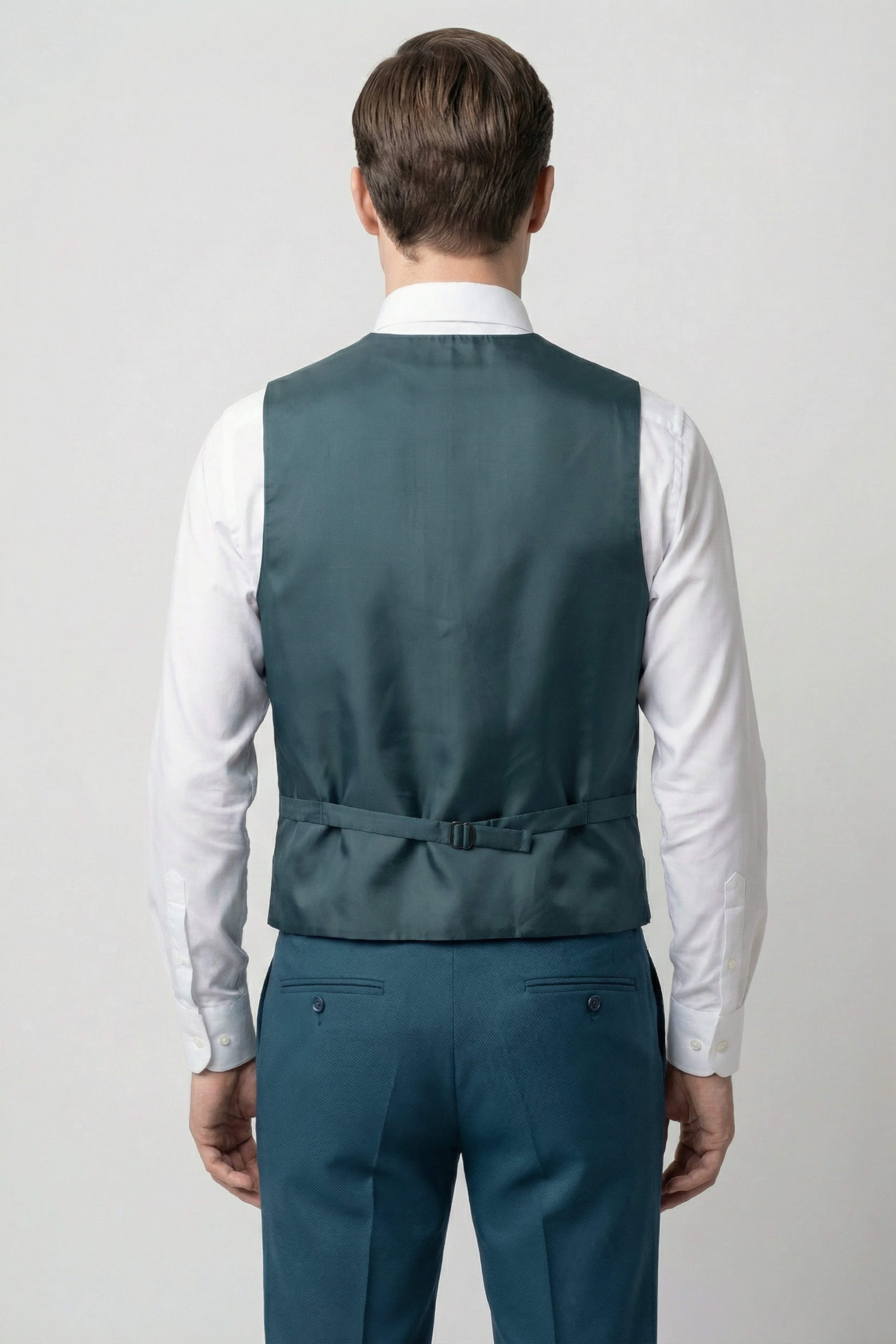 Men’s 3-Piece Textured Formal Suit with Double Breasted Waistcoat - Core - Olive Green Modle Waistcoat Back Picture